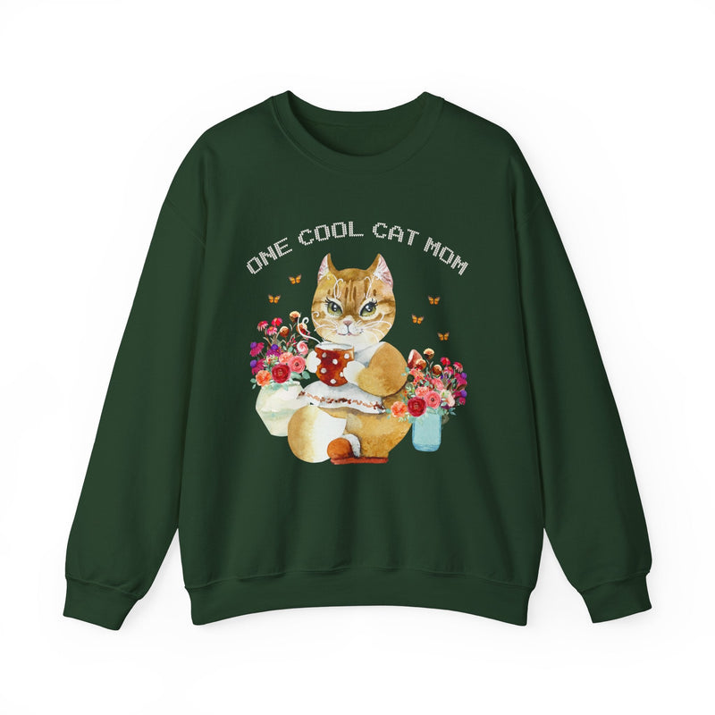 Cat Mom Sweatshirt: Kitschy and Eclectic Style Sweatshirt with Whimsical Butterflies and Flowers | Retro Aesthetic Shirt of Cat Drinking Tea - Opal and June