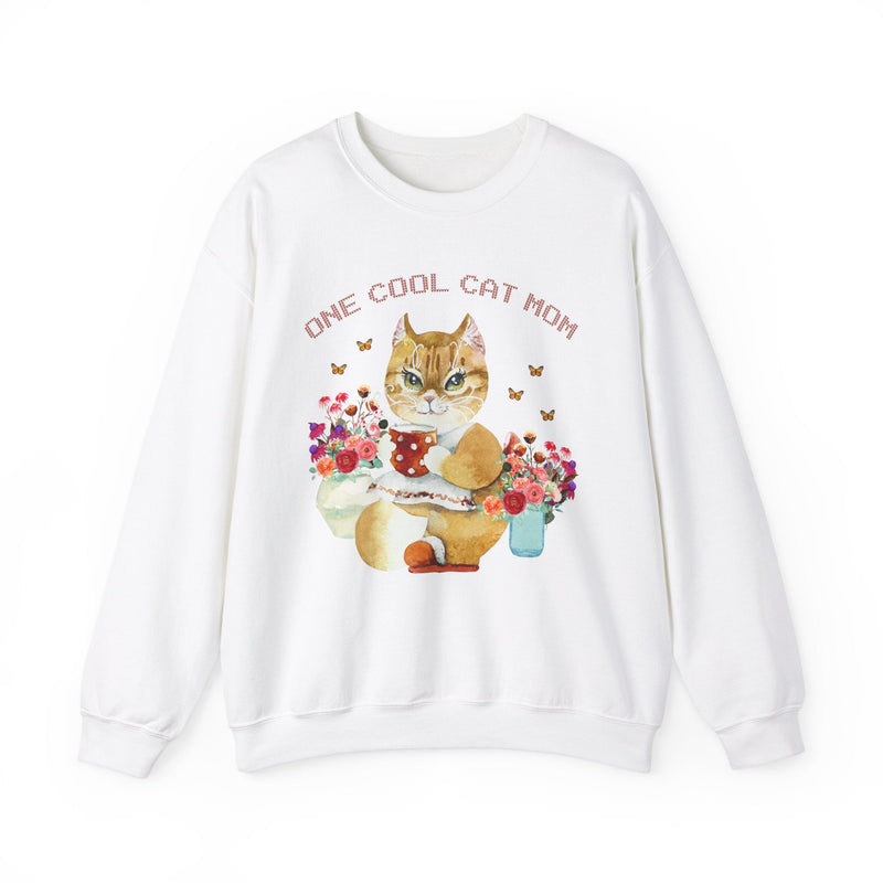 Cat Mom Sweatshirt: Kitschy and Eclectic Style Sweatshirt with Whimsical Butterflies and Flowers | Retro Aesthetic Shirt of Cat Drinking Tea - Opal and June