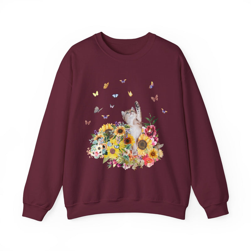 Cat Sweatshirt for Fall: 90's Throwback Shirt | Gift for Cat Mom, Funny Cat Sweatshirt, Nostalgic Sweatshirt of Cat, Kitten with Butterflies - Opal and June