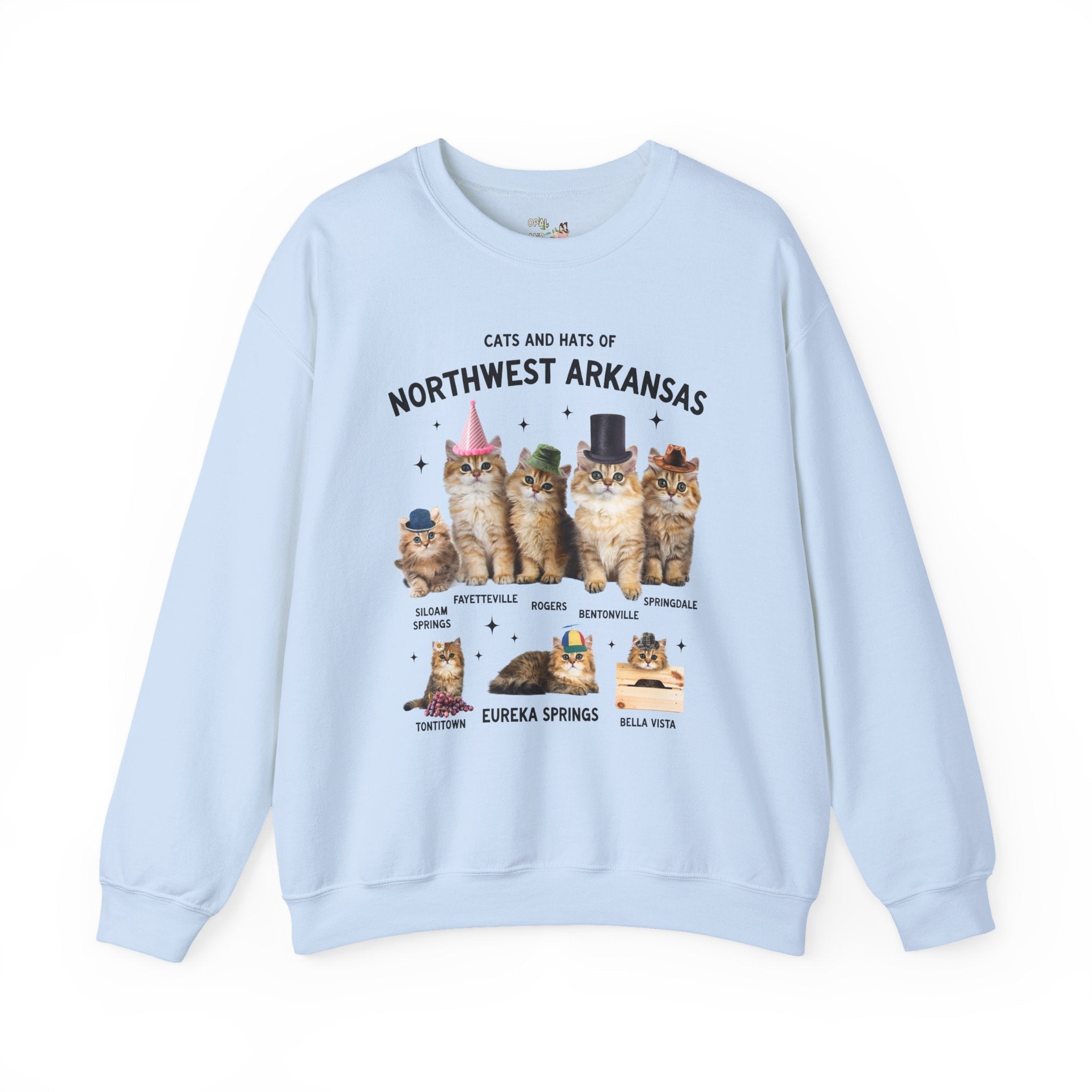 Cats and Hats of Northwest Arkansas: Funny Dreamcore Cat Sweatshirt for Friend Living in Northwest Arkansas, Fayetteville Bentonville Rogers Eureka Springs Crewneck - Opal and June