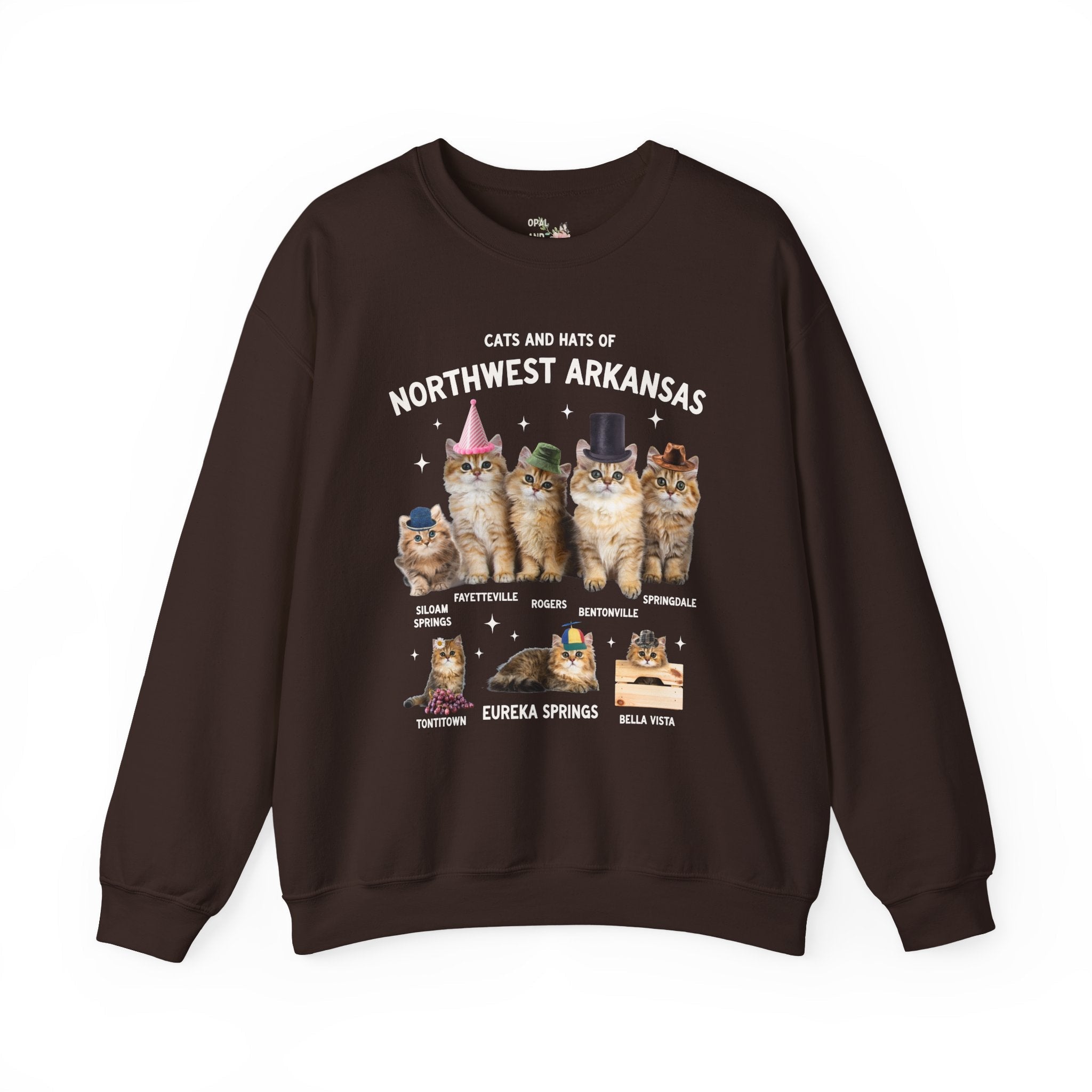 Cats and Hats of Northwest Arkansas: Funny Dreamcore Cat Sweatshirt for Friend Living in Northwest Arkansas, Fayetteville Bentonville Rogers Eureka Springs Crewneck - Opal and June