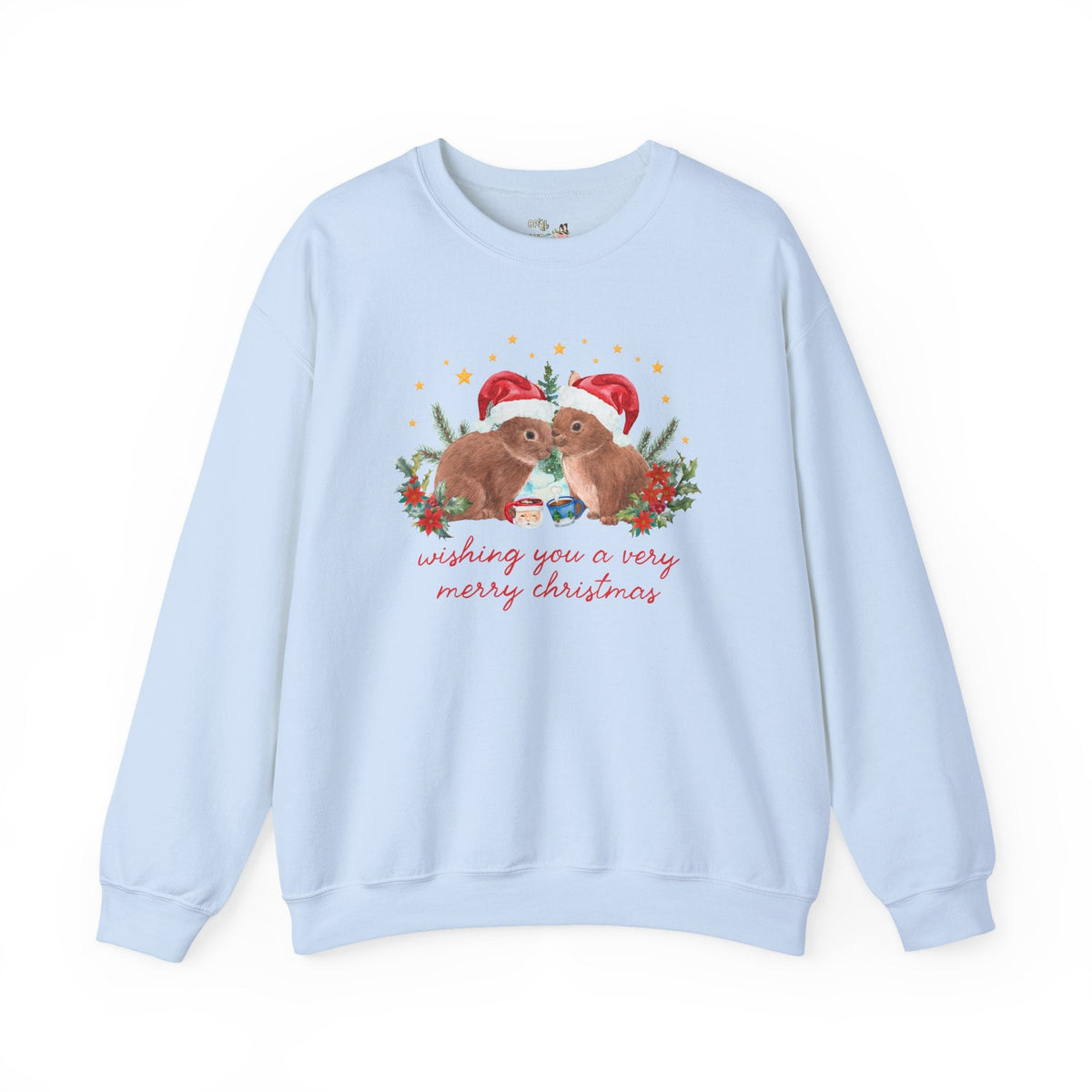 Christmas Animal Lover Swaetshirt with Bunnies Wearing Santa Hats: Wishing You a Very Merry Christmas Kitschy Holiday Crewneck for Zookeeper - Opal and June