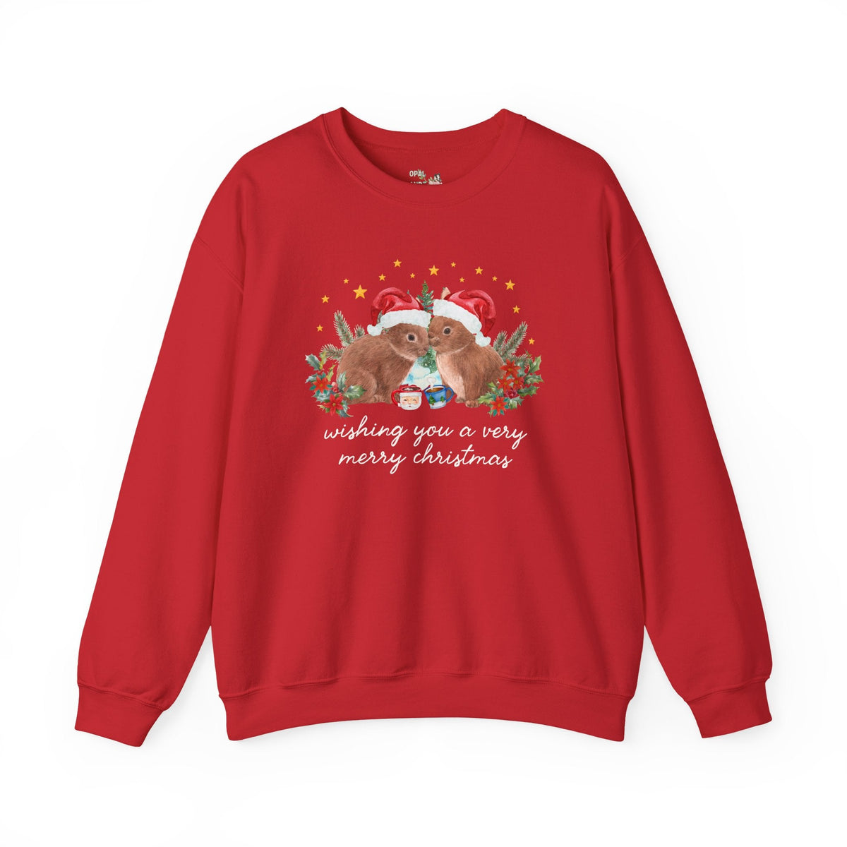 Christmas Animal Lover Swaetshirt with Bunnies Wearing Santa Hats: Wishing You a Very Merry Christmas Kitschy Holiday Crewneck for Zookeeper - Opal and June