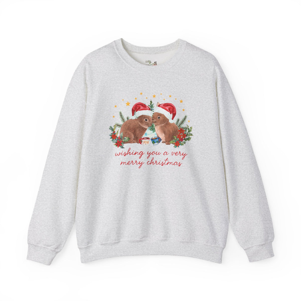 Christmas Animal Lover Swaetshirt with Bunnies Wearing Santa Hats: Wishing You a Very Merry Christmas Kitschy Holiday Crewneck for Zookeeper - Opal and June