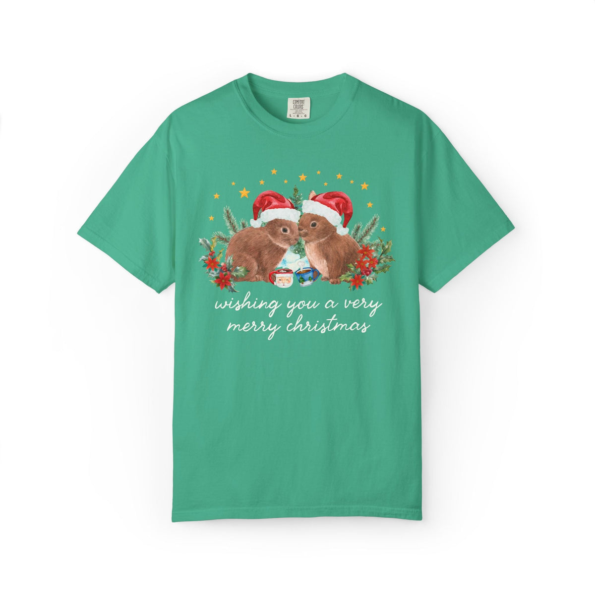Christmas Animal Lover Tee Shirt with Bunnies Wearing Santa Hats: Wishing You a Very Merry Christmas Kitschy Holiday T-Shirt for Zookeeper - Opal and June