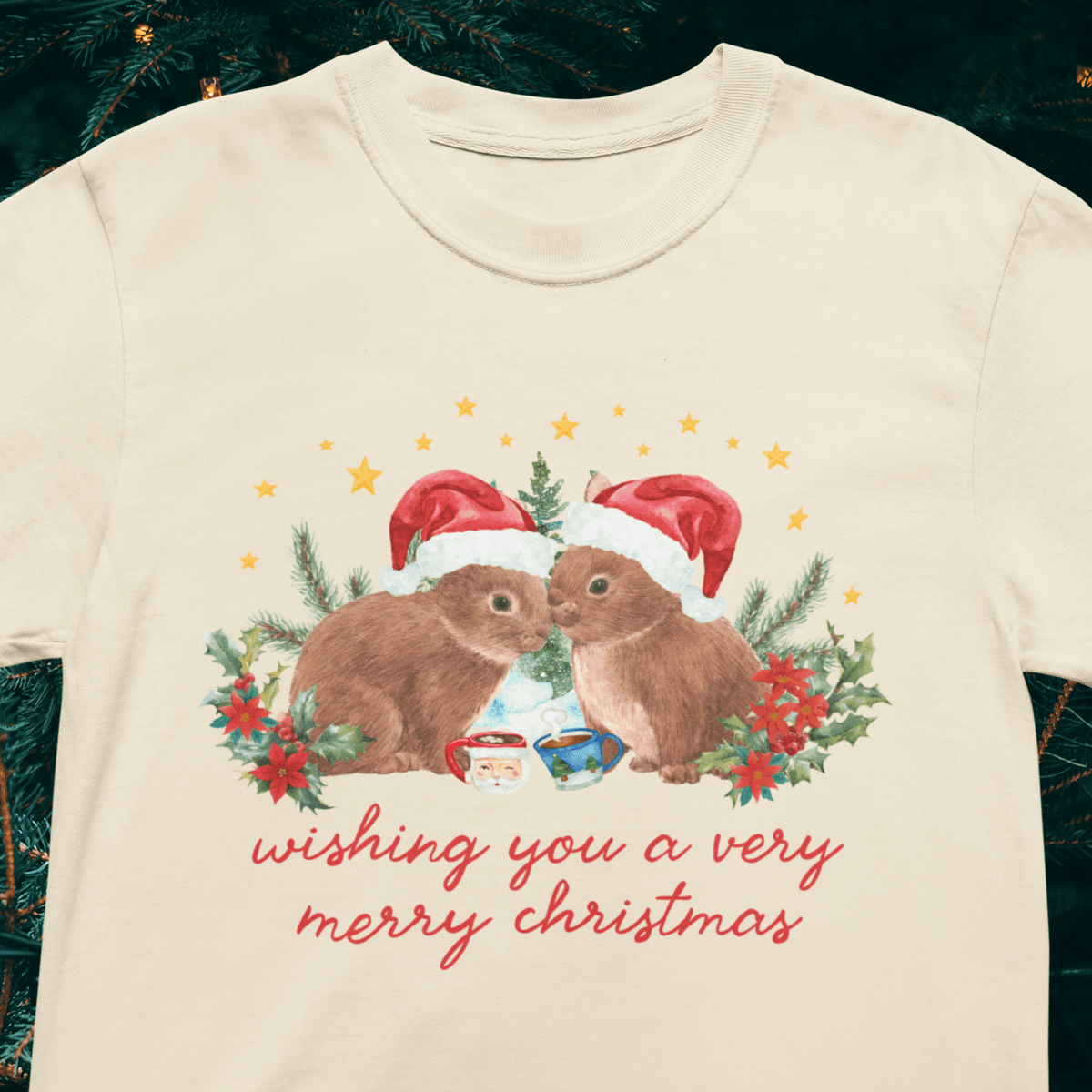 Christmas Animal Lover Tee Shirt with Bunnies Wearing Santa Hats: Wishing You a Very Merry Christmas Kitschy Holiday T-Shirt for Zookeeper - Opal and June