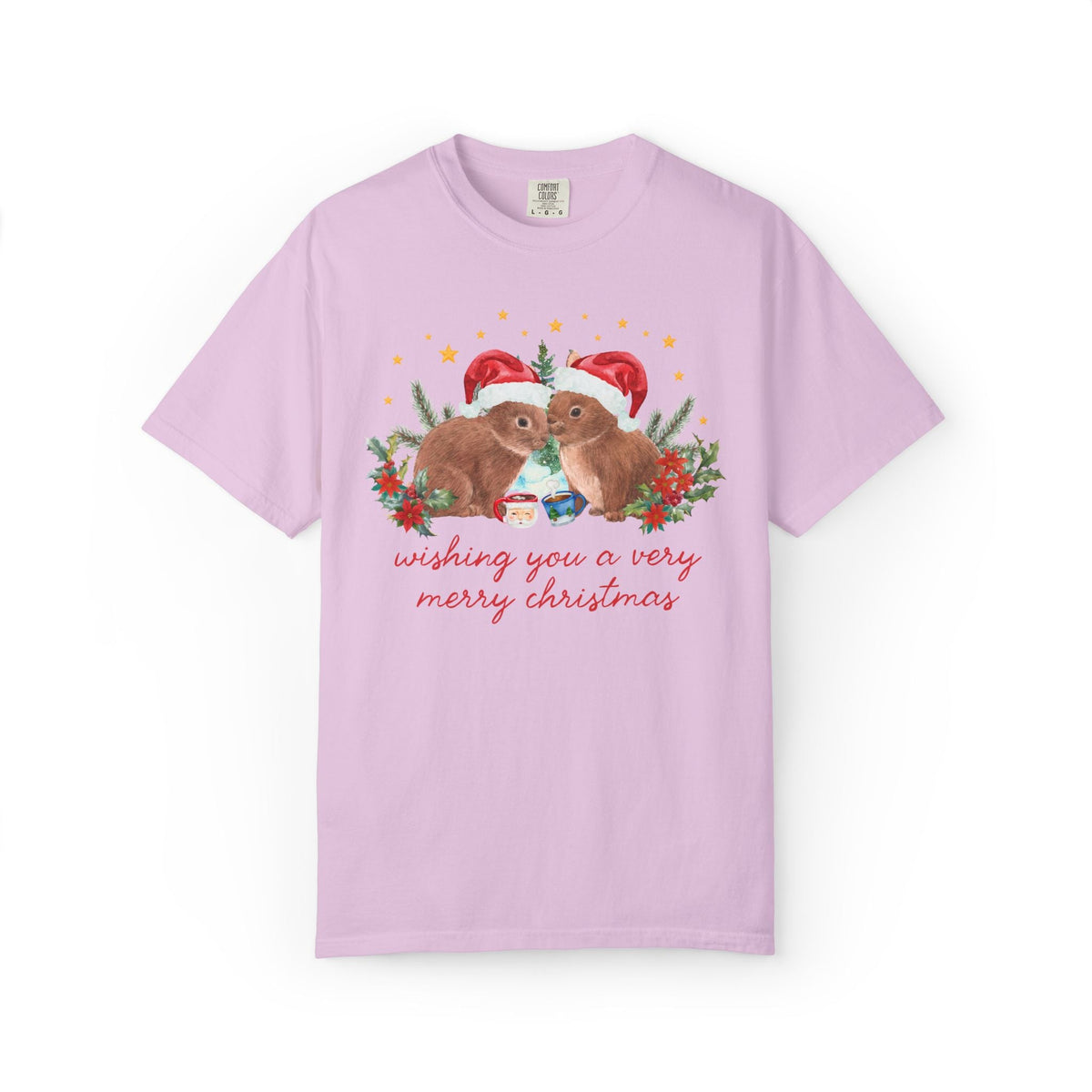 Christmas Animal Lover Tee Shirt with Bunnies Wearing Santa Hats: Wishing You a Very Merry Christmas Kitschy Holiday T-Shirt for Zookeeper - Opal and June