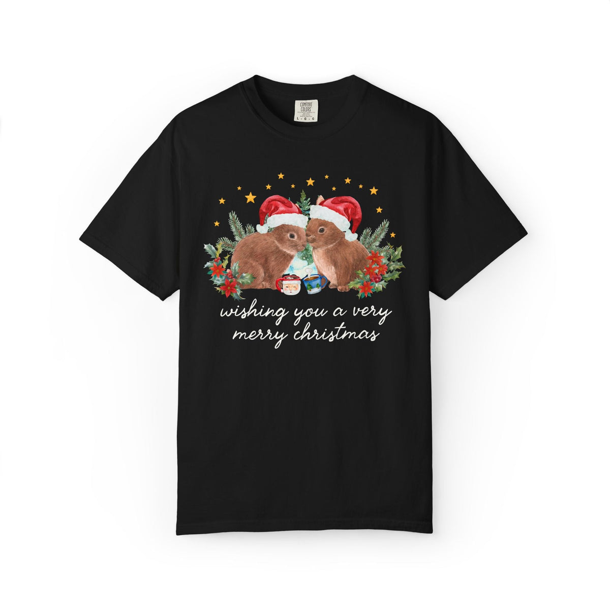 Christmas Animal Lover Tee Shirt with Bunnies Wearing Santa Hats: Wishing You a Very Merry Christmas Kitschy Holiday T-Shirt for Zookeeper - Opal and June