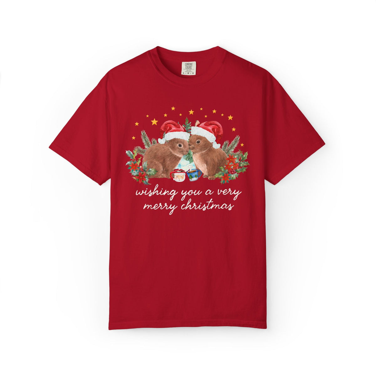 Christmas Animal Lover Tee Shirt with Bunnies Wearing Santa Hats: Wishing You a Very Merry Christmas Kitschy Holiday T-Shirt for Zookeeper - Opal and June