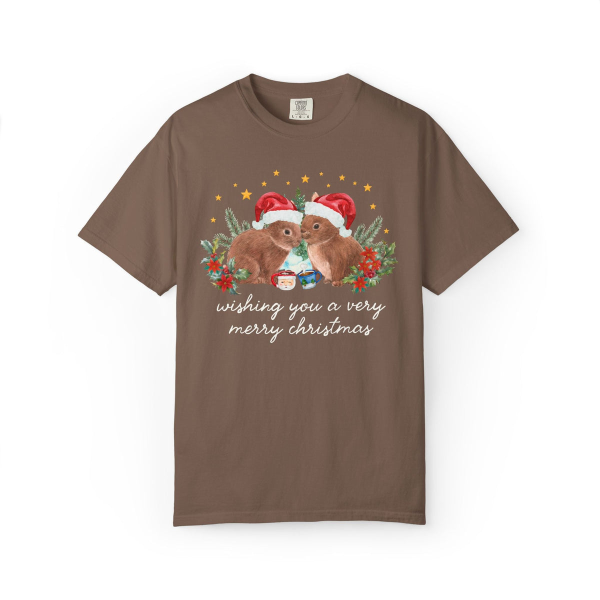 Christmas Animal Lover Tee Shirt with Bunnies Wearing Santa Hats: Wishing You a Very Merry Christmas Kitschy Holiday T-Shirt for Zookeeper - Opal and June