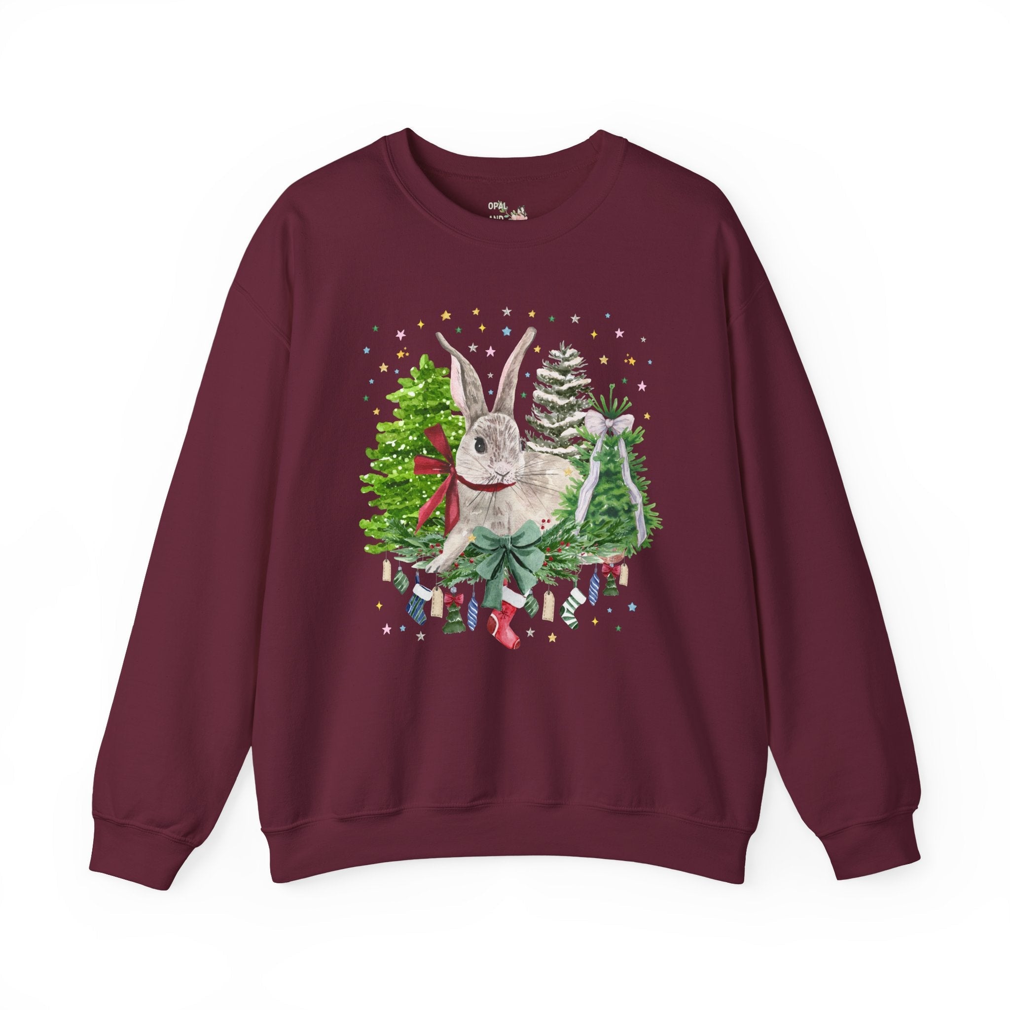 Christmas Bunny Animal Lover Sweatshirt: 90s Aesthetic Watercolor Goblincore Bunny Surrounded by Christmas Trees and Xmas Stockings with Bow - Opal and June