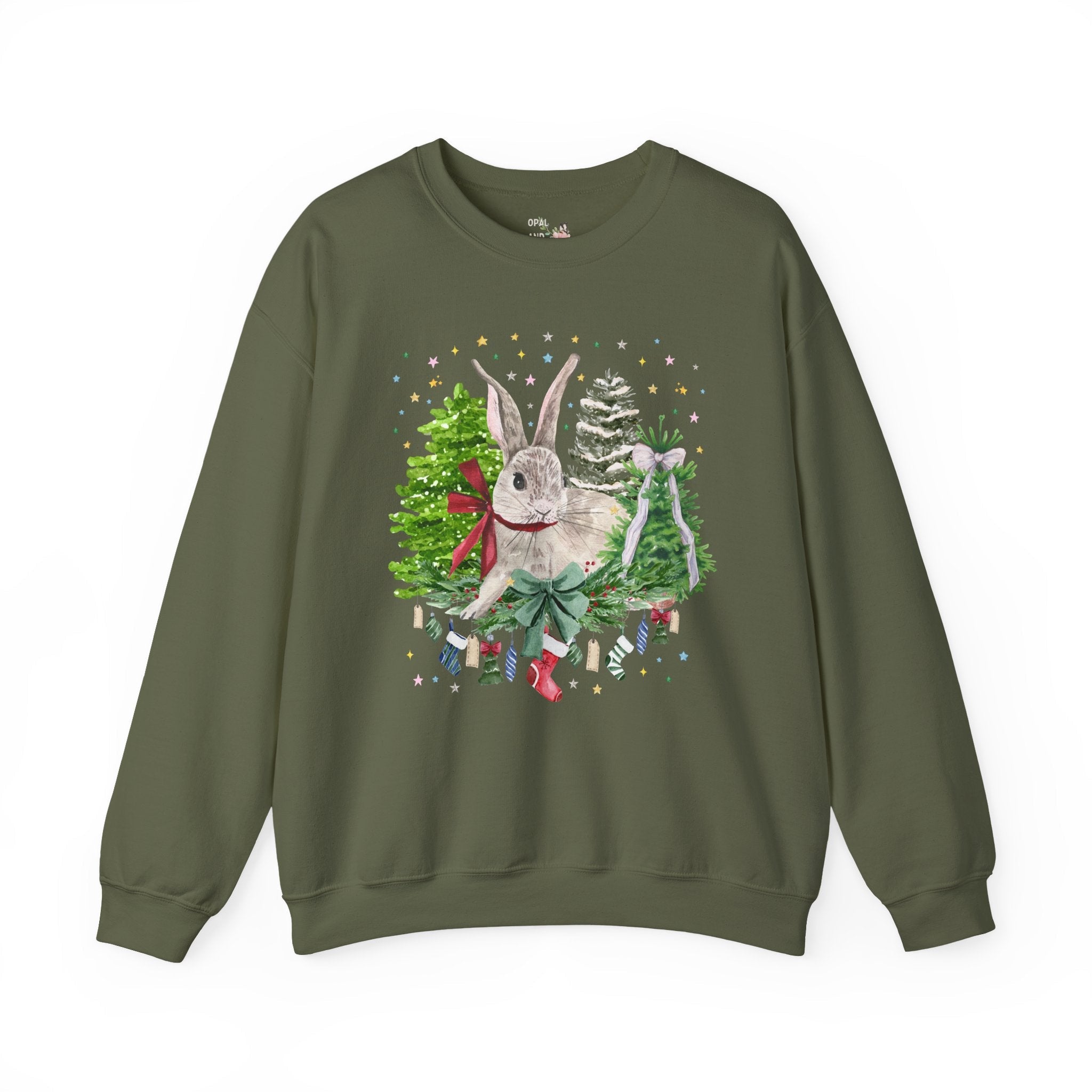 Christmas Bunny Animal Lover Sweatshirt: 90s Aesthetic Watercolor Goblincore Bunny Surrounded by Christmas Trees and Xmas Stockings with Bow - Opal and June