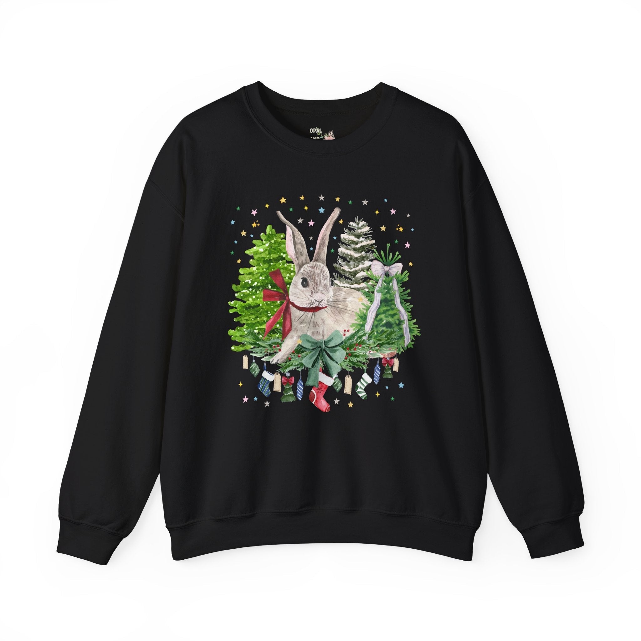 Christmas Bunny Animal Lover Sweatshirt: 90s Aesthetic Watercolor Goblincore Bunny Surrounded by Christmas Trees and Xmas Stockings with Bow - Opal and June