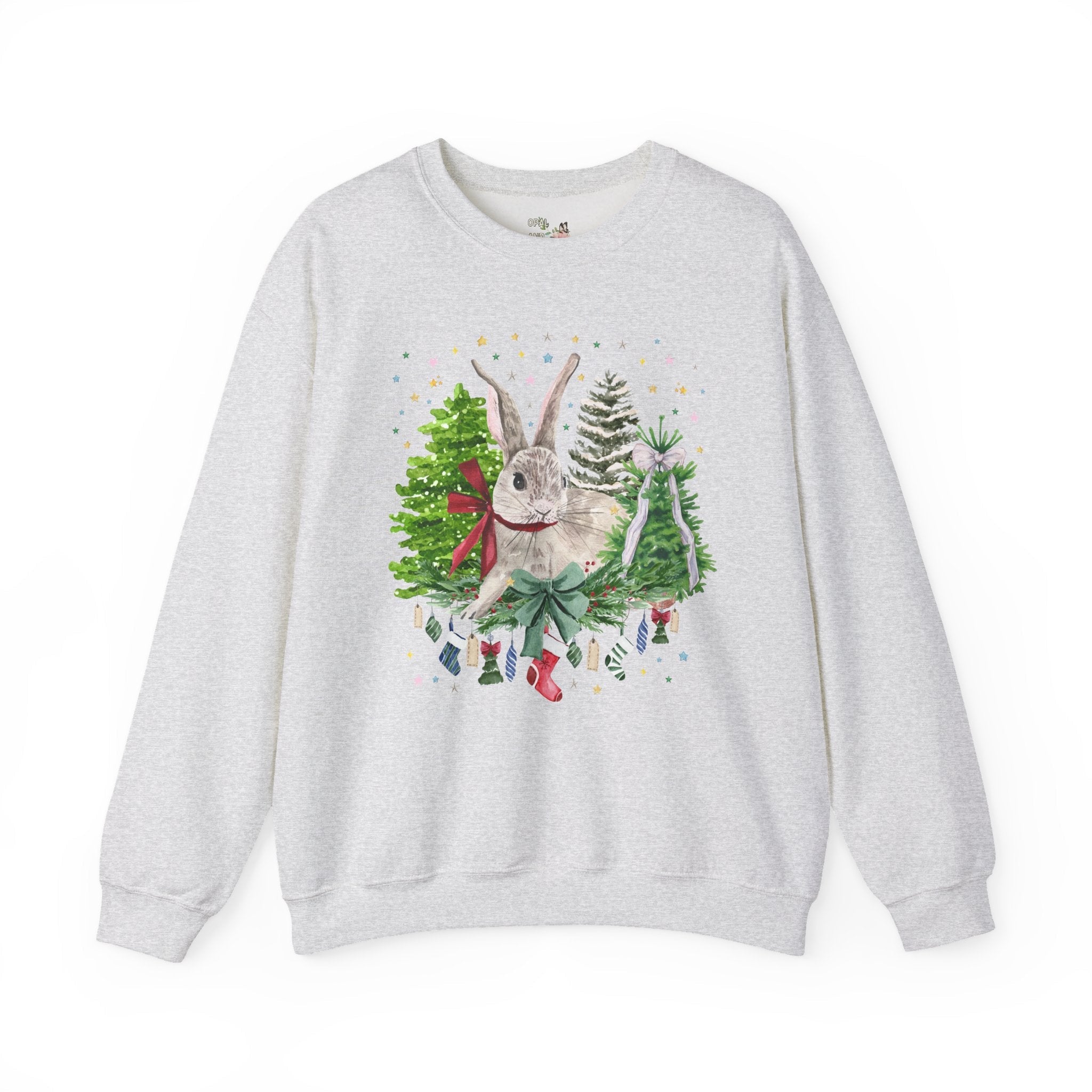 Christmas Bunny Animal Lover Sweatshirt: 90s Aesthetic Watercolor Goblincore Bunny Surrounded by Christmas Trees and Xmas Stockings with Bow - Opal and June