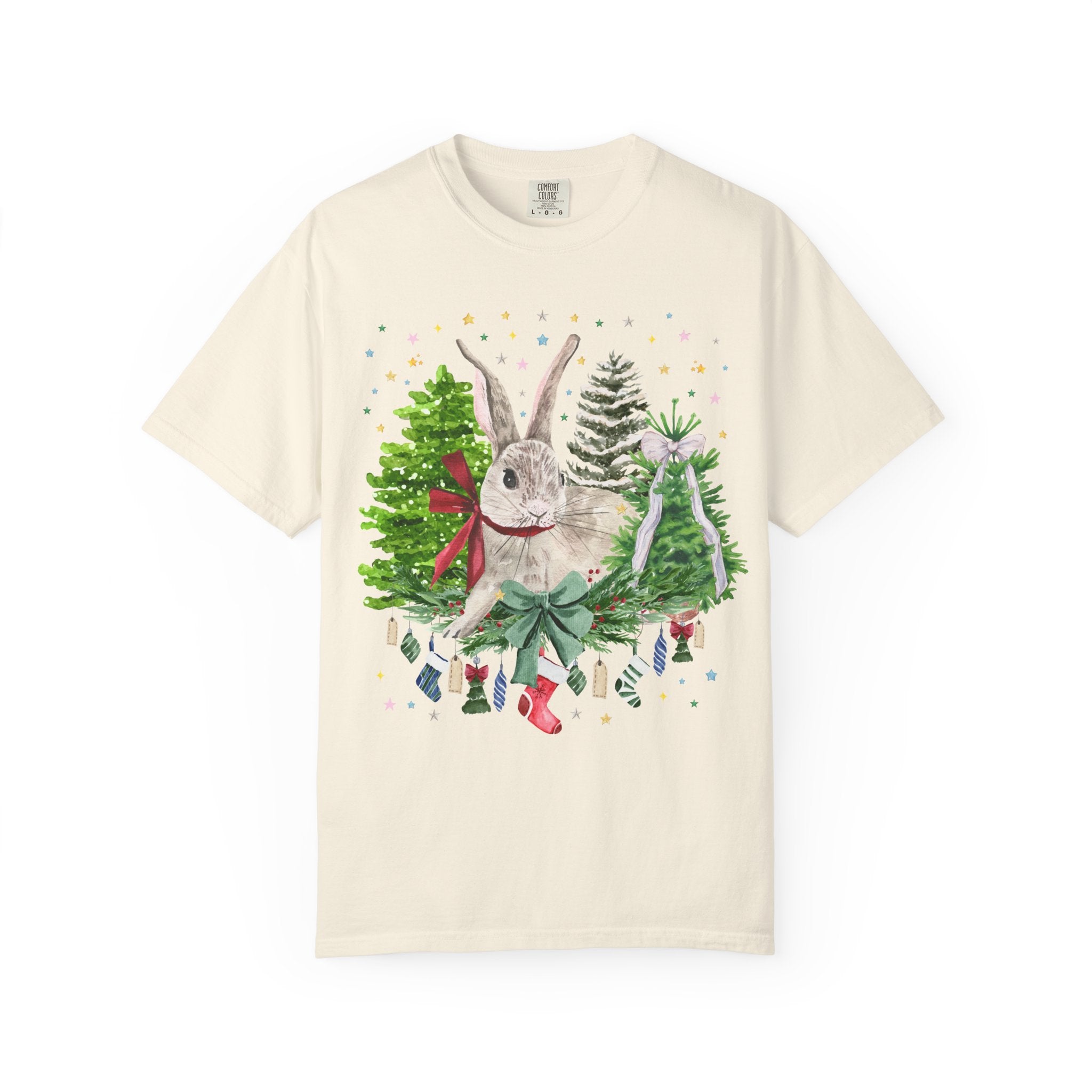 Christmas Bunny Animal Lover Tee Shirt: 90s Aesthetic Watercolor Goblincore Bunny Surrounded by Christmas Trees and Xmas Stockings with Bow - Opal and June