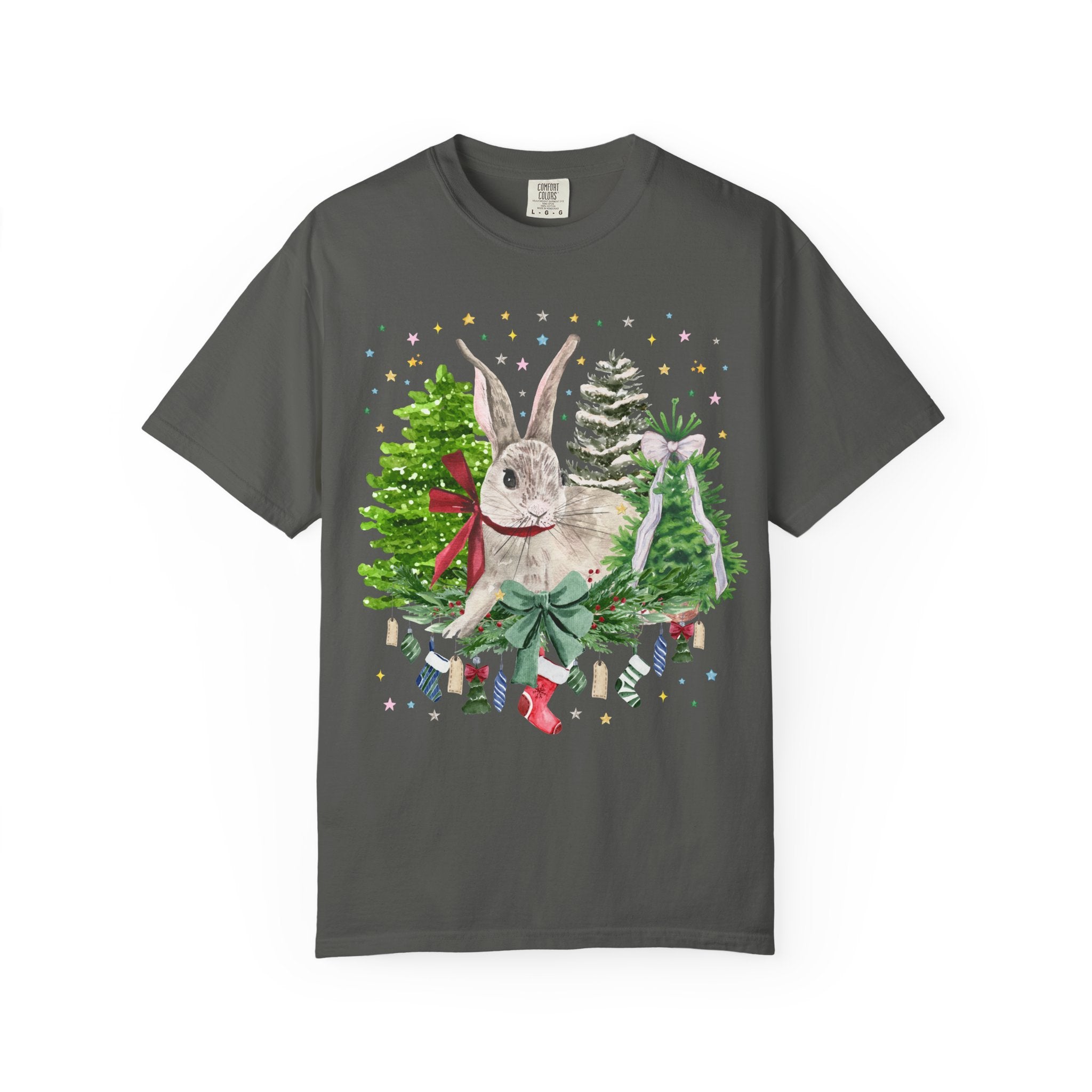 Christmas Bunny Animal Lover Tee Shirt: 90s Aesthetic Watercolor Goblincore Bunny Surrounded by Christmas Trees and Xmas Stockings with Bow - Opal and June