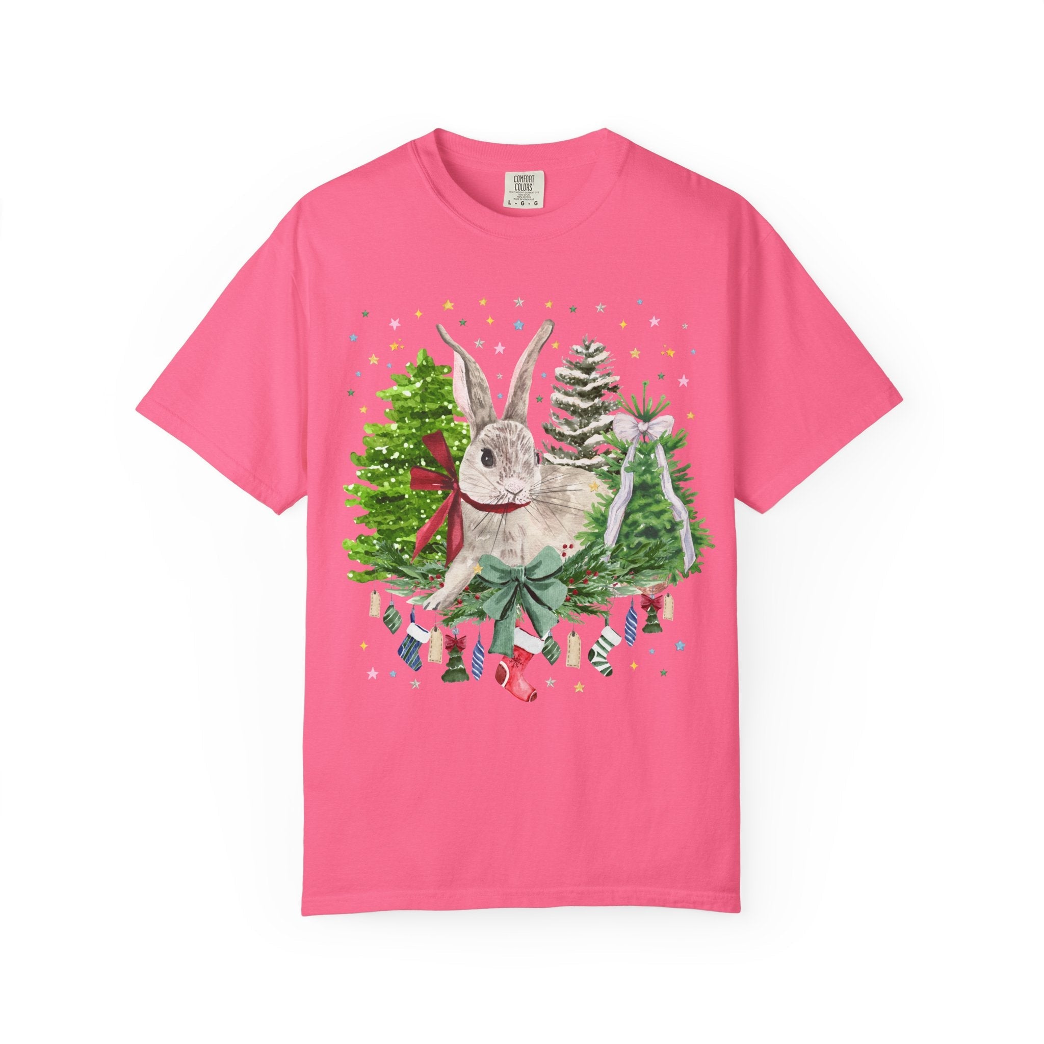 Christmas Bunny Animal Lover Tee Shirt: 90s Aesthetic Watercolor Goblincore Bunny Surrounded by Christmas Trees and Xmas Stockings with Bow - Opal and June