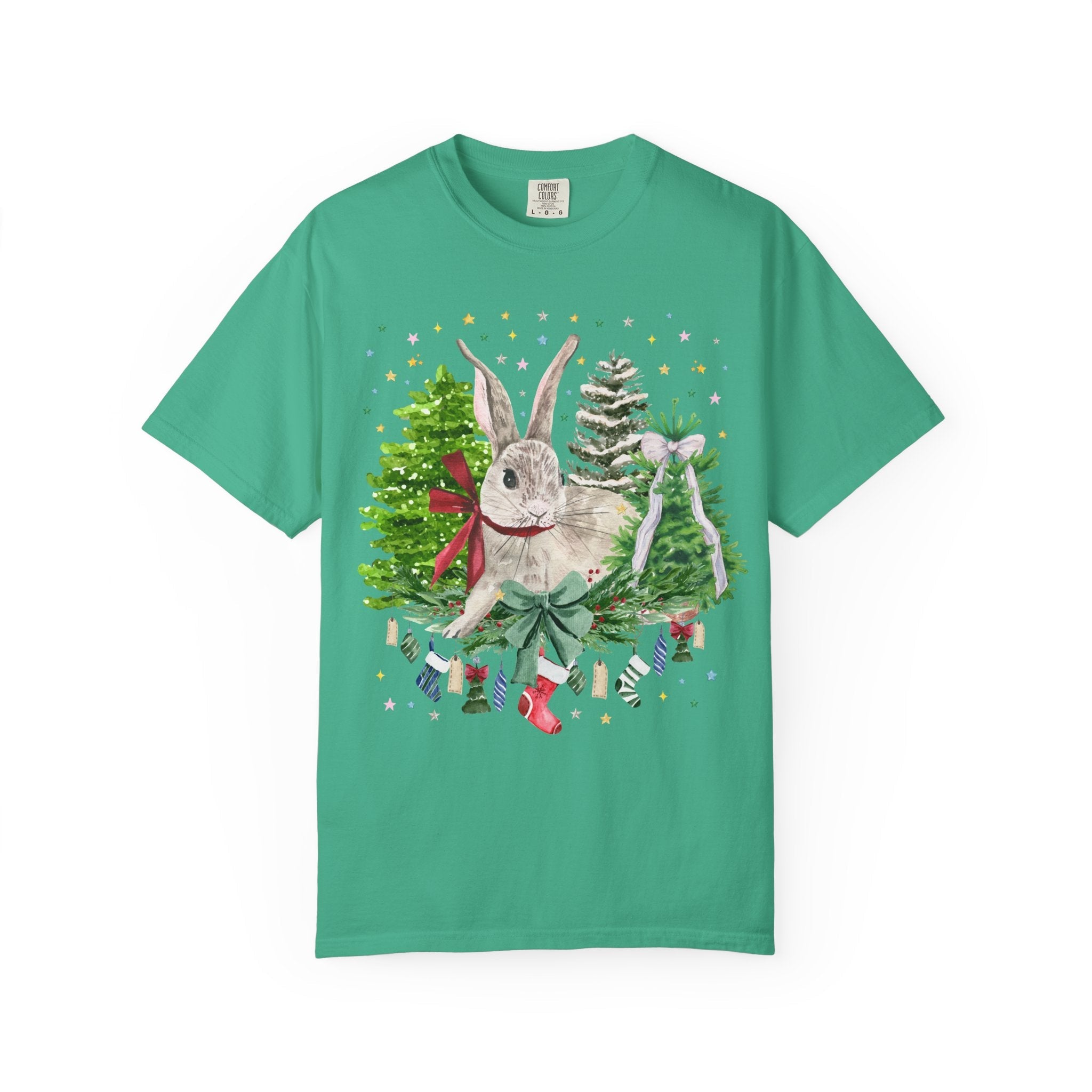 Christmas Bunny Animal Lover Tee Shirt: 90s Aesthetic Watercolor Goblincore Bunny Surrounded by Christmas Trees and Xmas Stockings with Bow - Opal and June