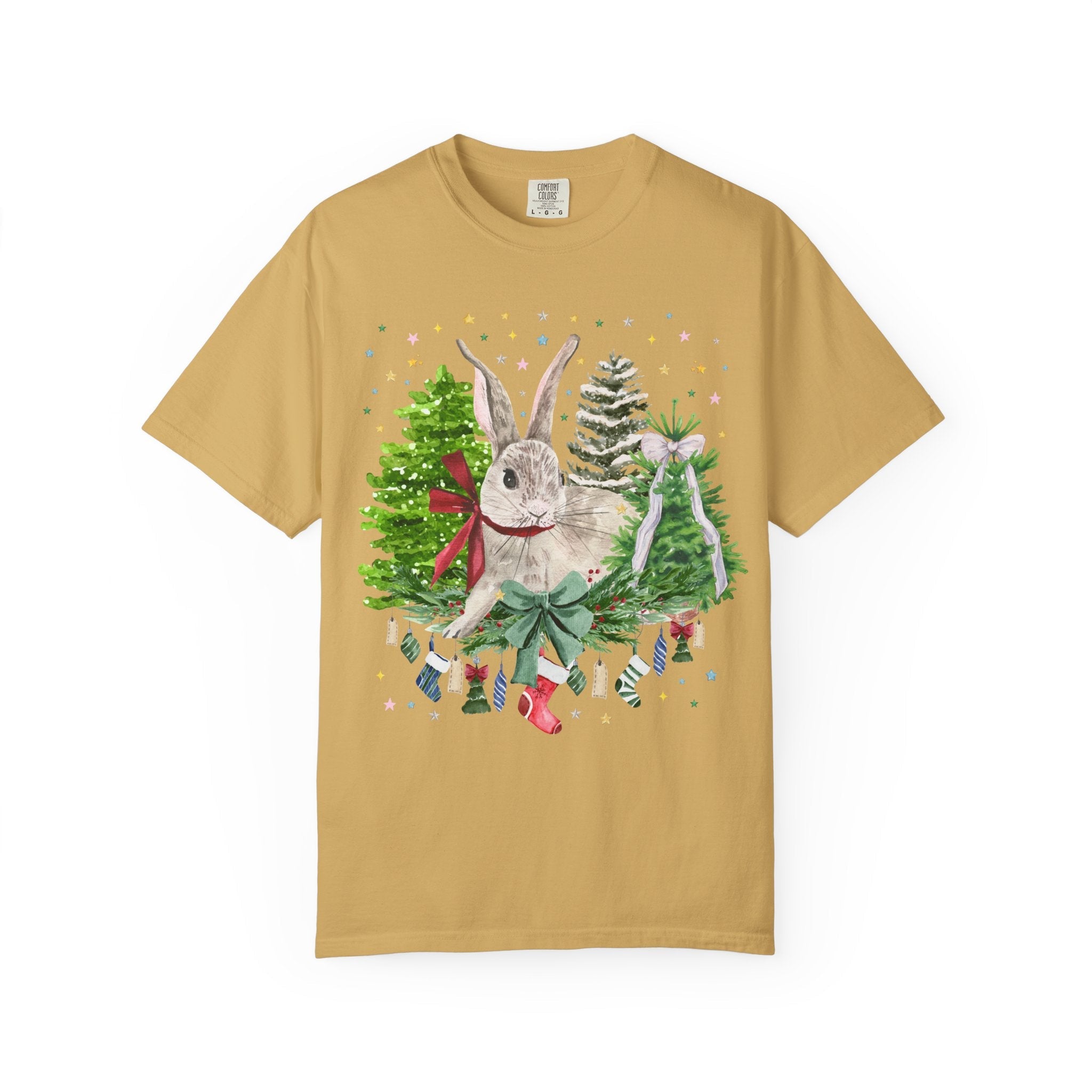 Christmas Bunny Animal Lover Tee Shirt: 90s Aesthetic Watercolor Goblincore Bunny Surrounded by Christmas Trees and Xmas Stockings with Bow - Opal and June