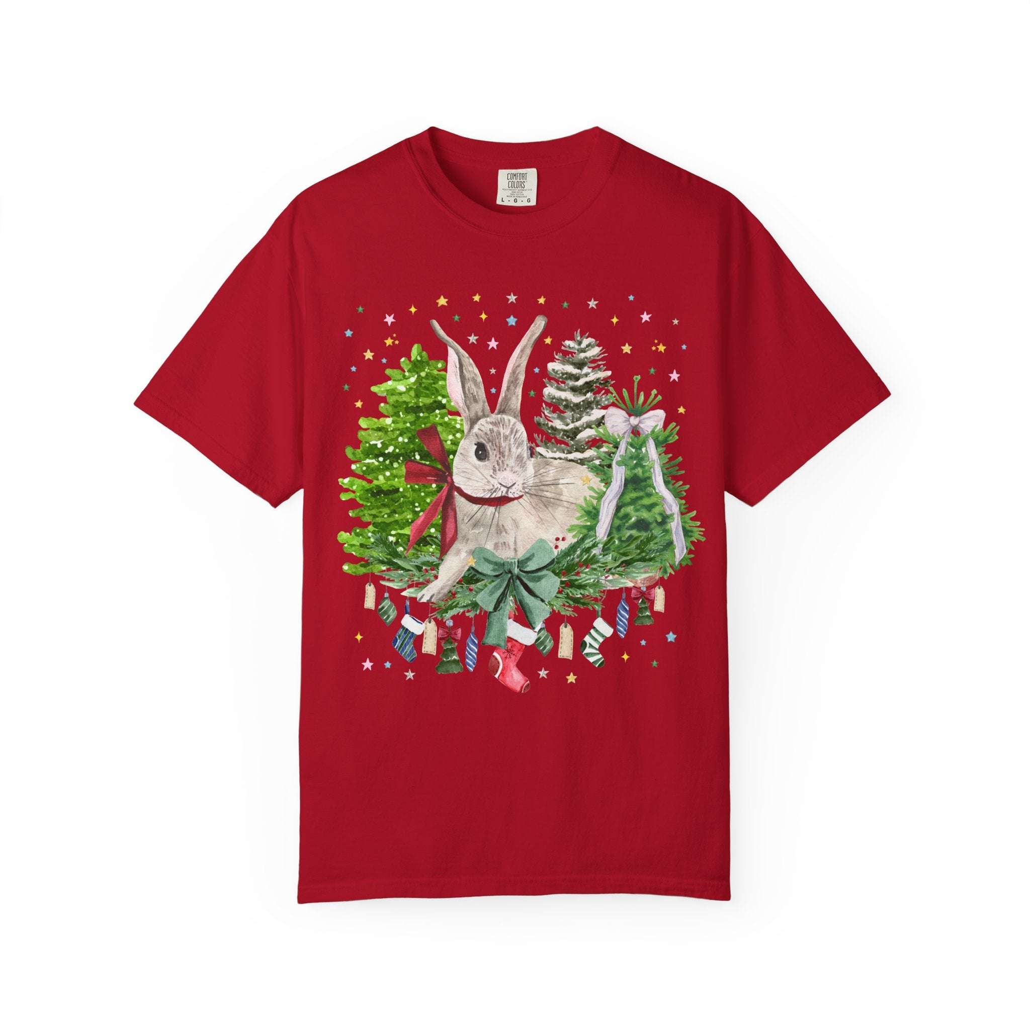 Christmas Bunny Animal Lover Tee Shirt: 90s Aesthetic Watercolor Goblincore Bunny Surrounded by Christmas Trees and Xmas Stockings with Bow - Opal and June