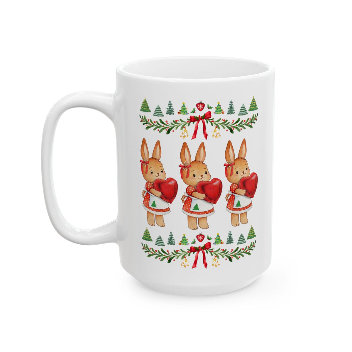 Christmas Bunny Holding a Heart Cottagecore Coffee Mug with Christmas Trees, Nostalgic Kitschy Xmas Mug for Animal Lover - Opal and June