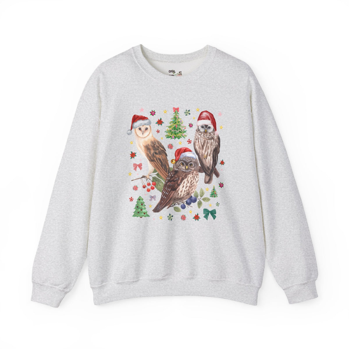 Christmas Owl Animal Lover Sweatshirt with Owls Wearing Santa Hats, Funny Nostalgic 90s Aesthetic Maximalist Crewneck, Bird Lover or Birdwatcher - Opal and June