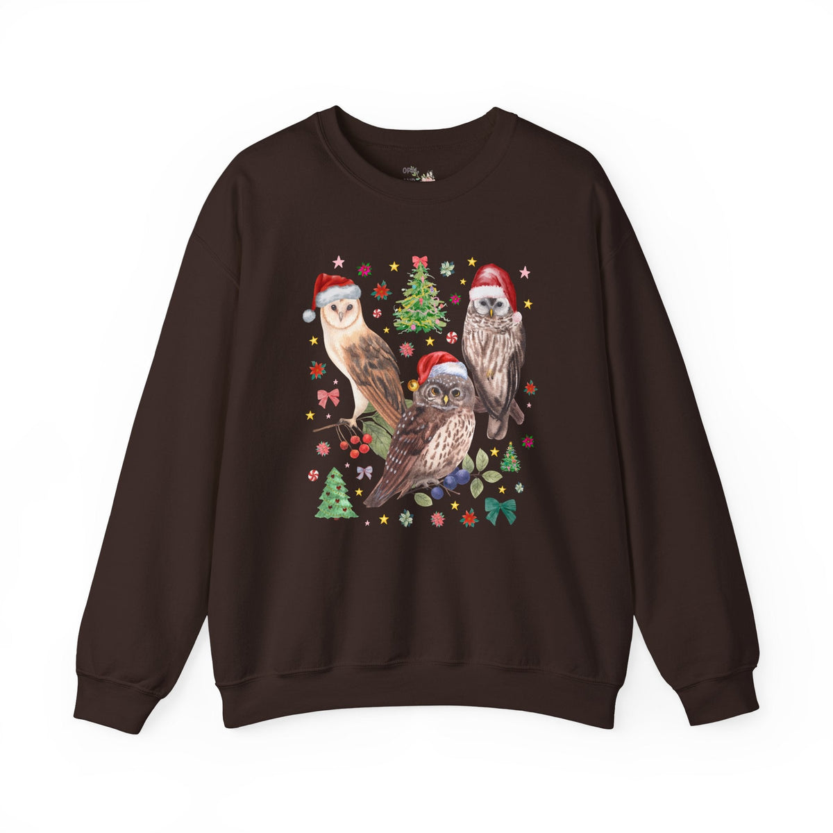 Christmas Owl Animal Lover Sweatshirt with Owls Wearing Santa Hats, Funny Nostalgic 90s Aesthetic Maximalist Crewneck, Bird Lover or Birdwatcher - Opal and June