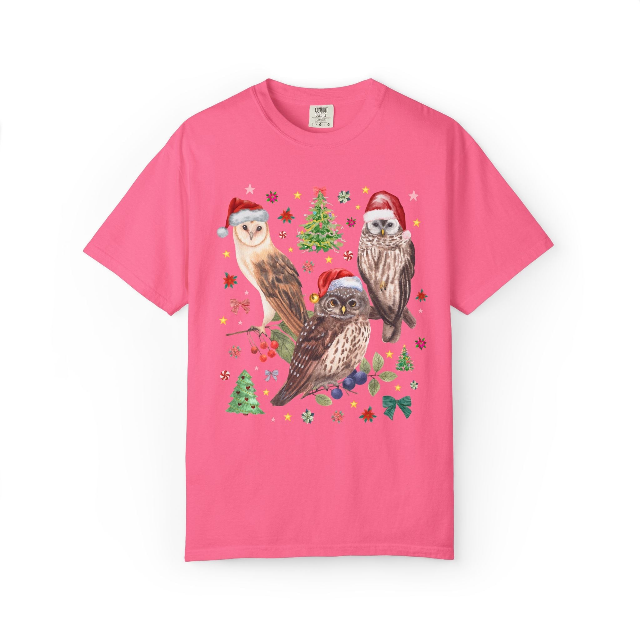 Christmas Owl Animal Lover Tee Shirt with Owls Wearing Santa Hats, Funny Nostalgic 90s Aesthetic Maximalist Tee, Bird Lover or Birdwatcher - Opal and June