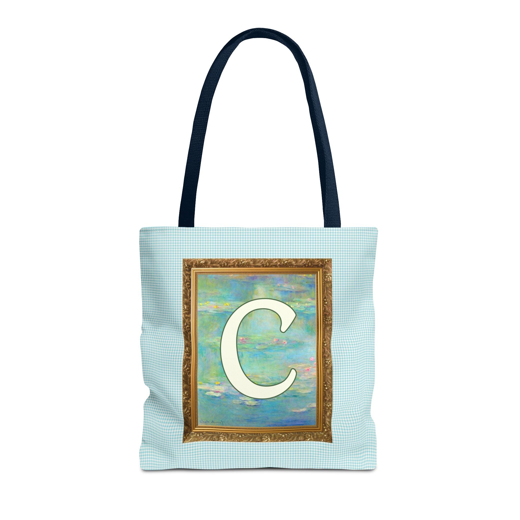 Claude Monet Water Lily Tote Bag with Letter, Colorful Initial Tote Bag with Gingham and Vintage Aesthetic Toile: C - Opal and June
