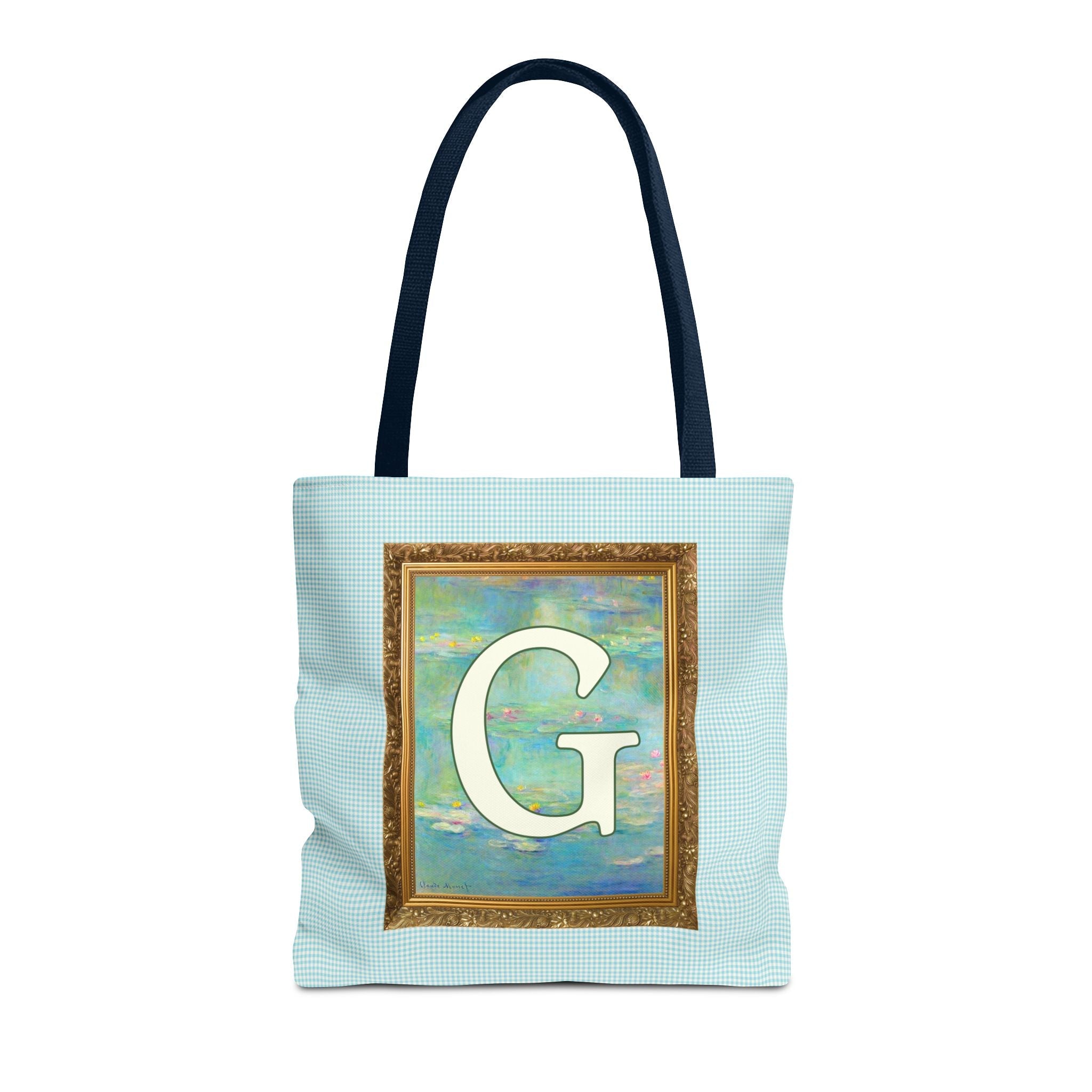 Claude Monet Water Lily Tote Bag with Letter, Colorful Initial Tote Bag with Gingham and Vintage Aesthetic Toile: G - Opal and June