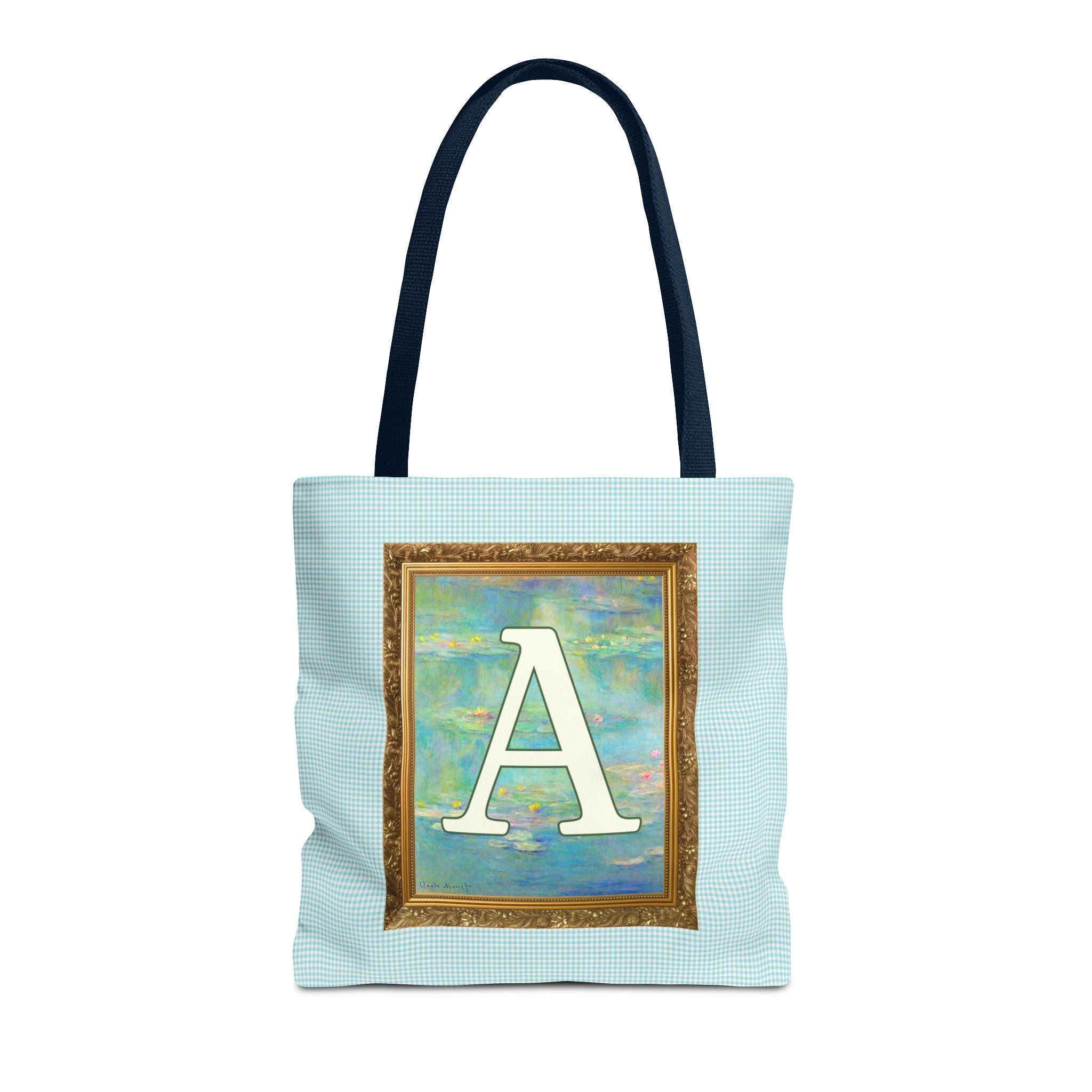 Claude Monet Water Lily Tote Bag with Letter, Colorful Initial Tote Bag with Gingham and Vintage Aesthetic Toile, Gift for Art History Lover - Opal and June