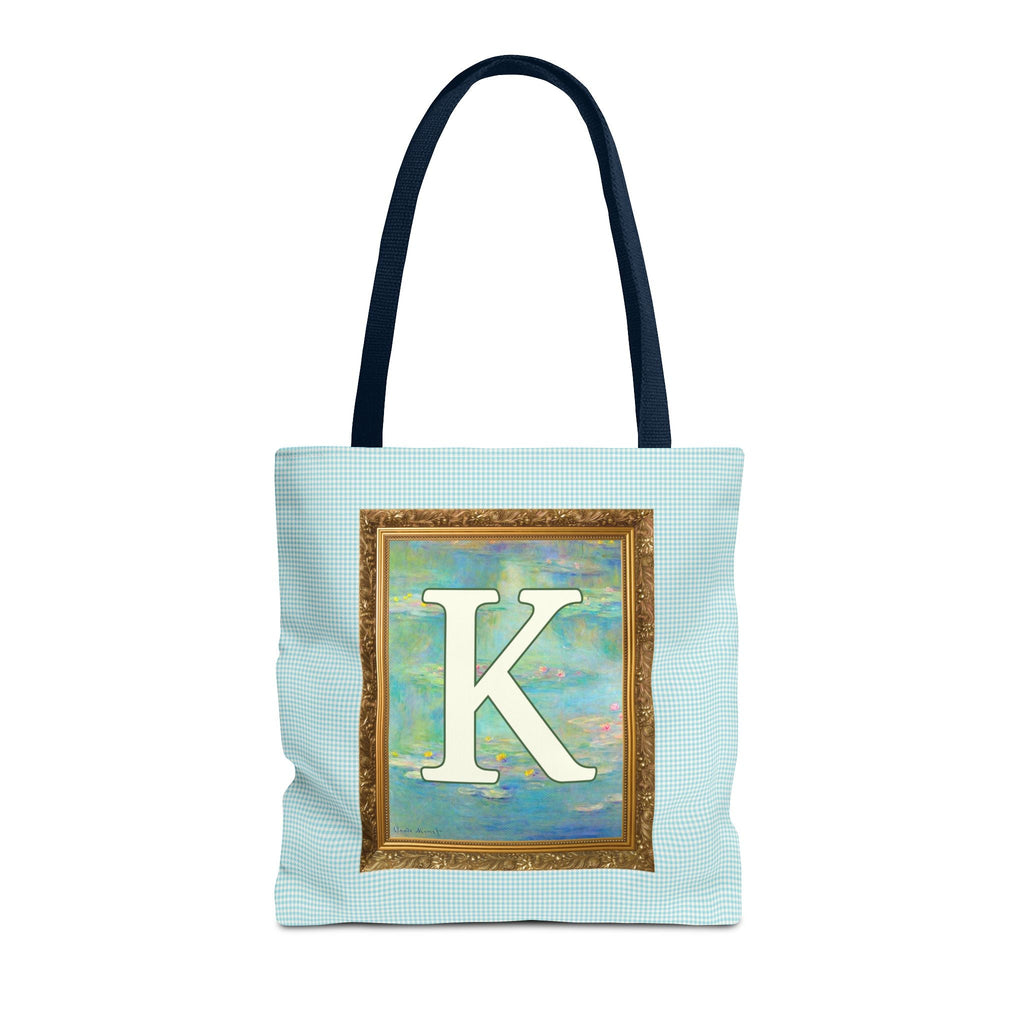 Claude Monet Water Lily Tote Bag with Letter, Colorful Initial Tote Bag with Gingham and Vintage Aesthetic Toile: K - Opal and June
