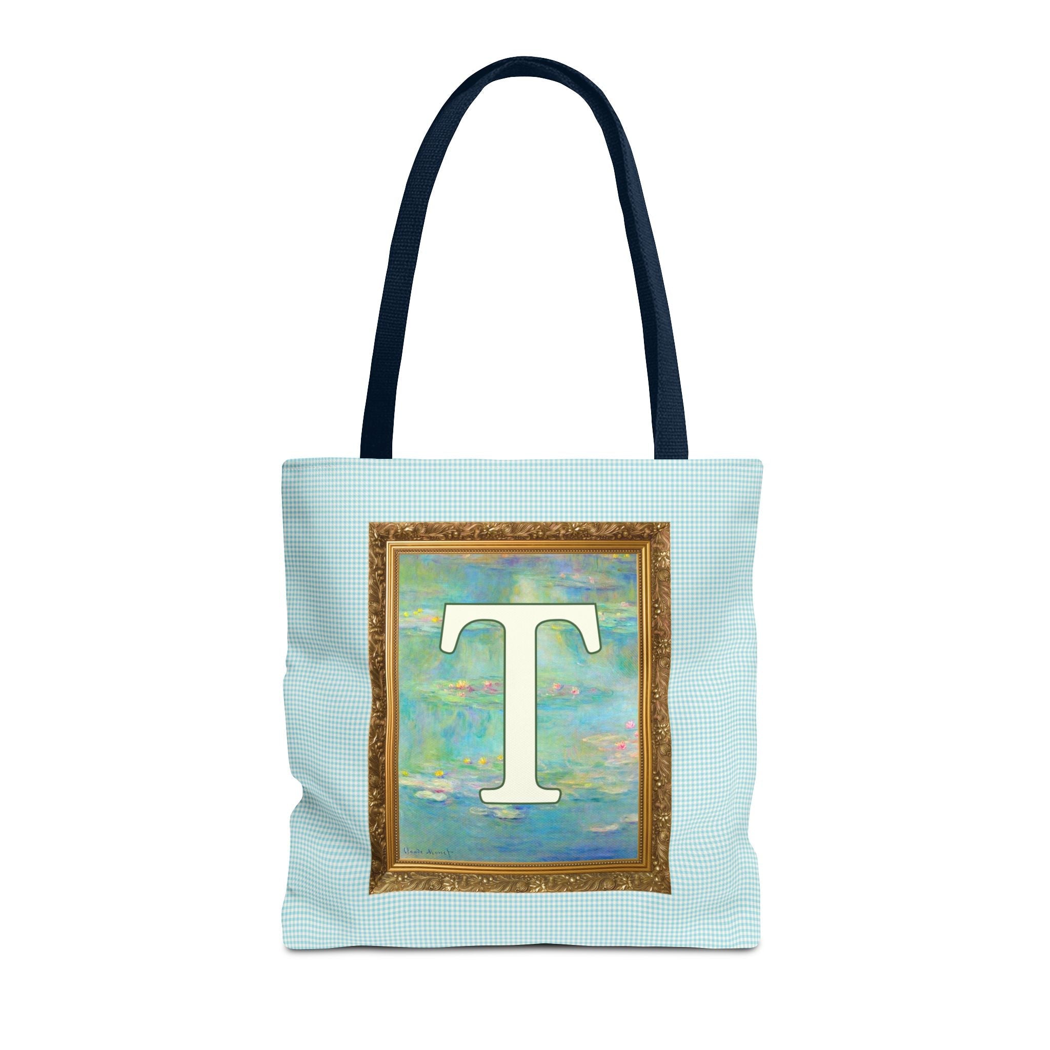 Claude Monet Water Lily Tote Bag with Letter, Colorful Initial Tote Bag with Gingham and Vintage Aesthetic Toile: T - Opal and June