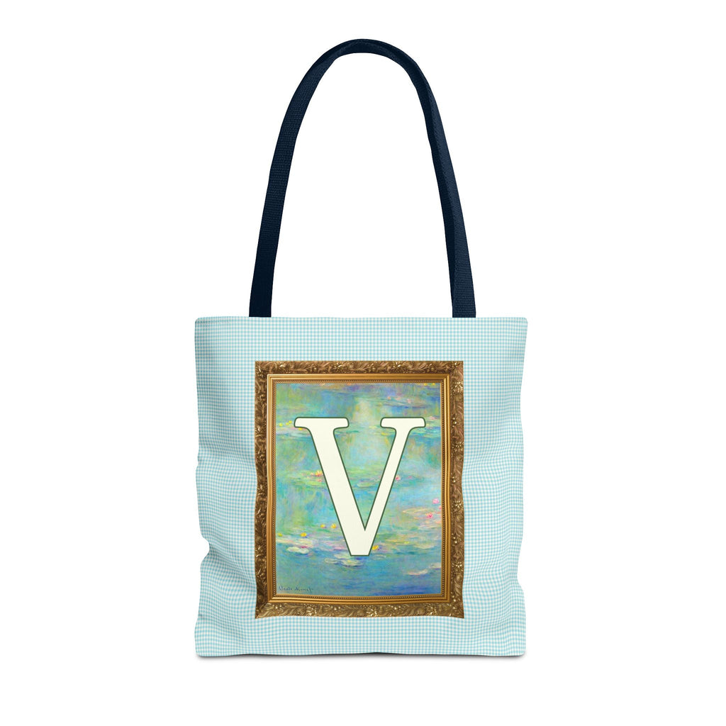 Claude Monet Water Lily Tote Bag with Letter, Colorful Initial Tote Bag with Gingham and Vintage Aesthetic Toile: V - Opal and June
