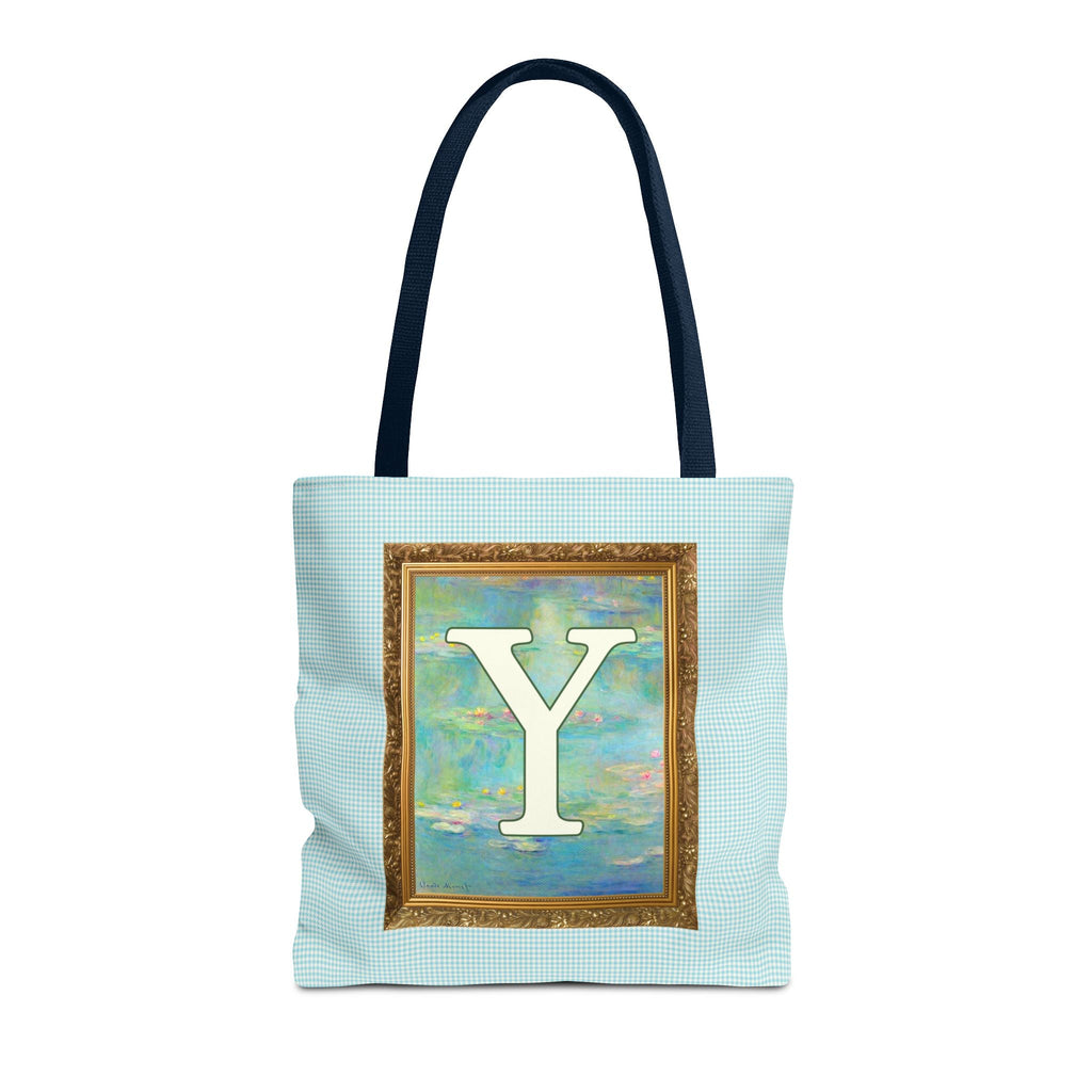 Claude Monet Water Lily Tote Bag with Letter, Colorful Initial Tote Bag with Gingham and Vintage Aesthetic Toile: Y - Opal and June