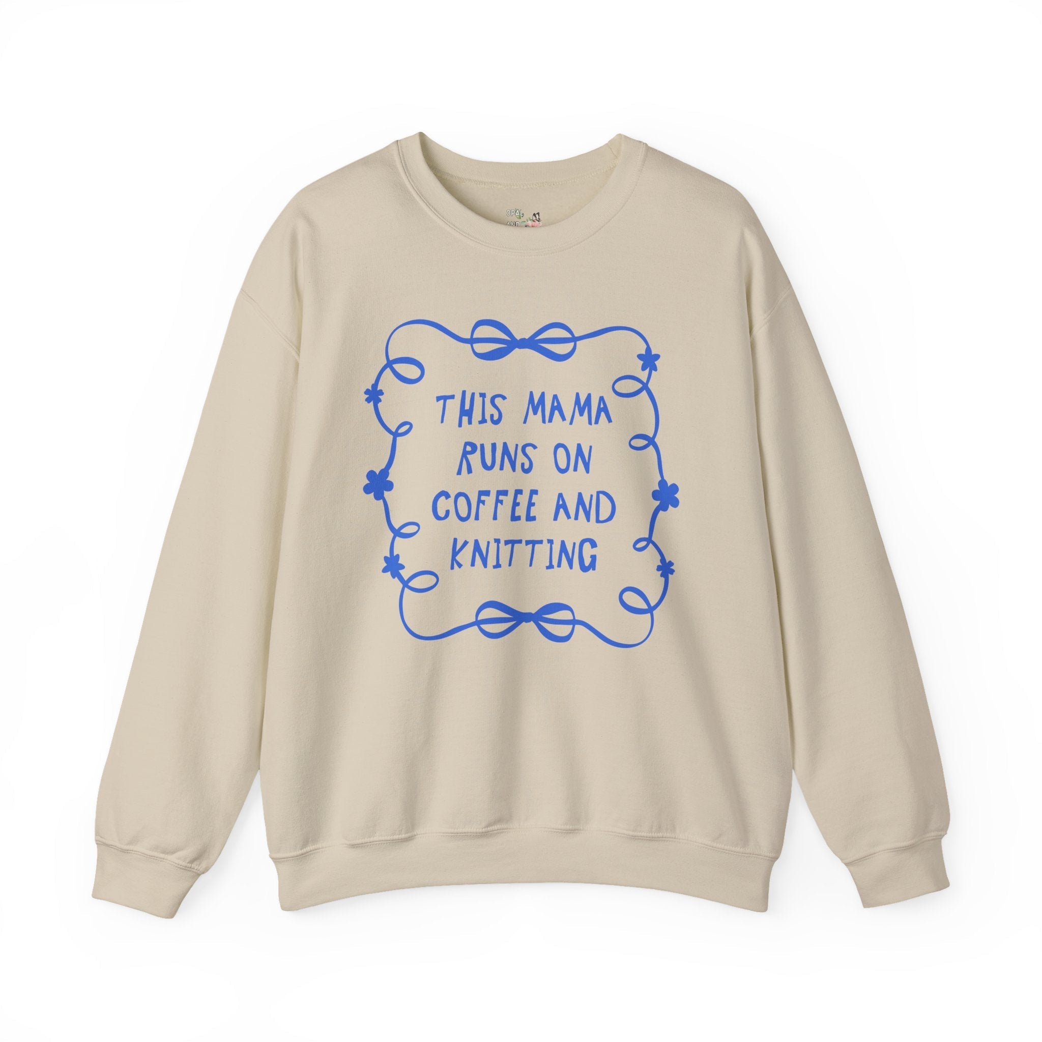 Coffee and Knitting Mother's Day Sweatshirt with Bows and Flowers, Present for Mom Who Loves Knitting, Cute Knitting Lover Shirt with Ribbon - Opal and June