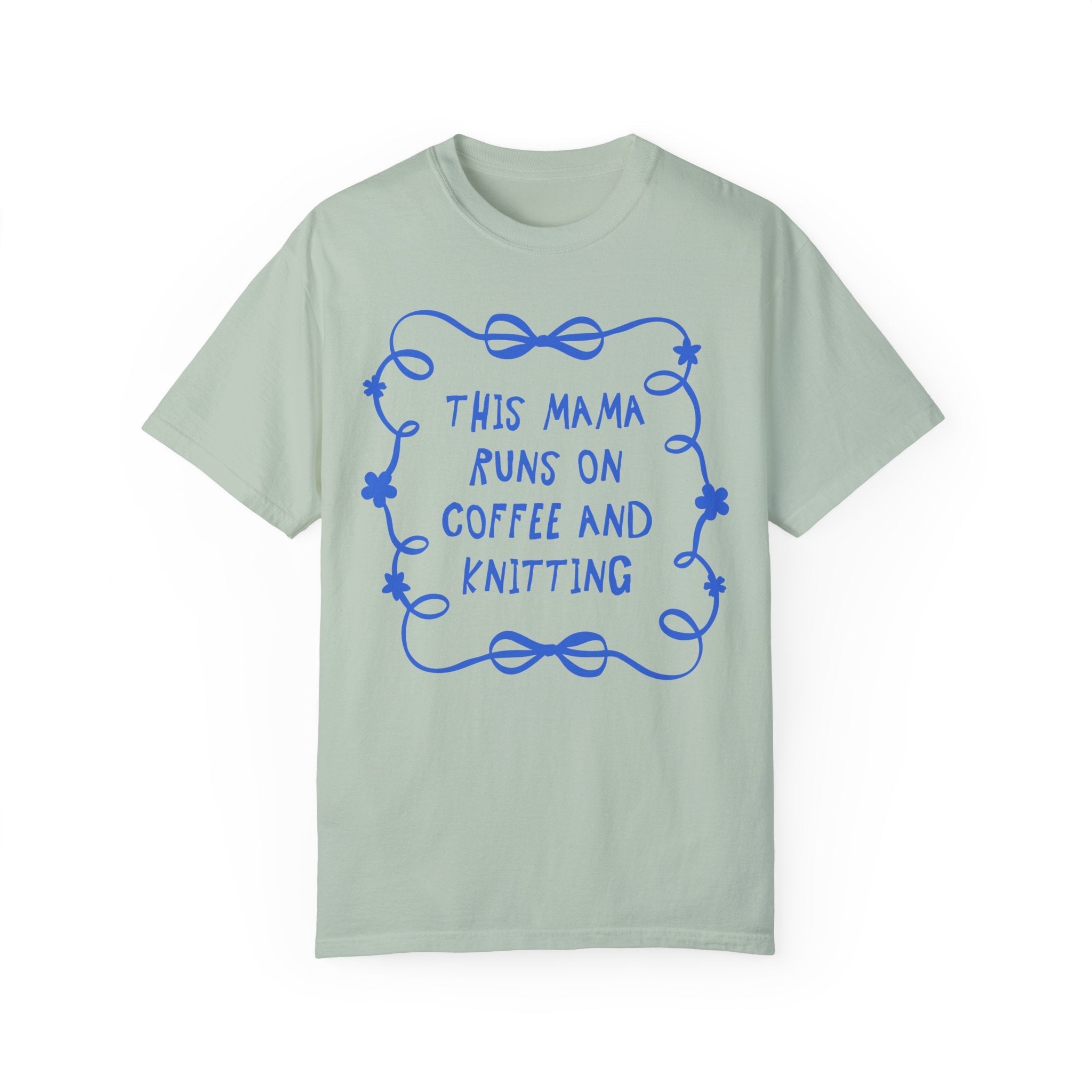 Coffee and Knitting Mother's Day Tee Shirts with Bows and Flowers, Present for Mom Who Loves Knitting, Cute Knitting Lover Tee with Ribbon - Opal and June