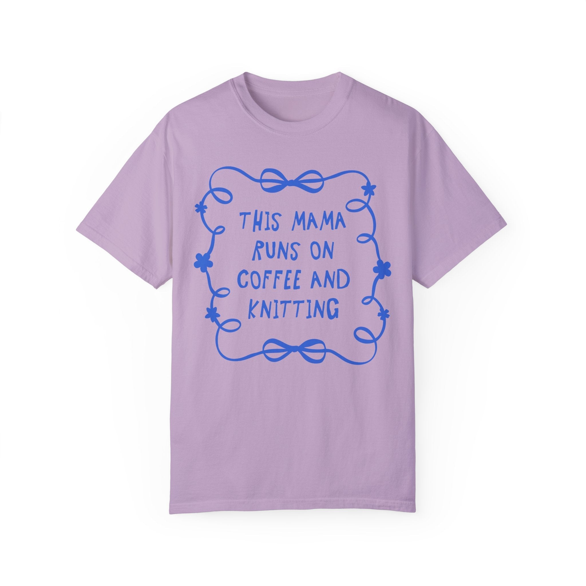 Coffee and Knitting Mother's Day Tee Shirts with Bows and Flowers, Present for Mom Who Loves Knitting, Cute Knitting Lover Tee with Ribbon - Opal and June