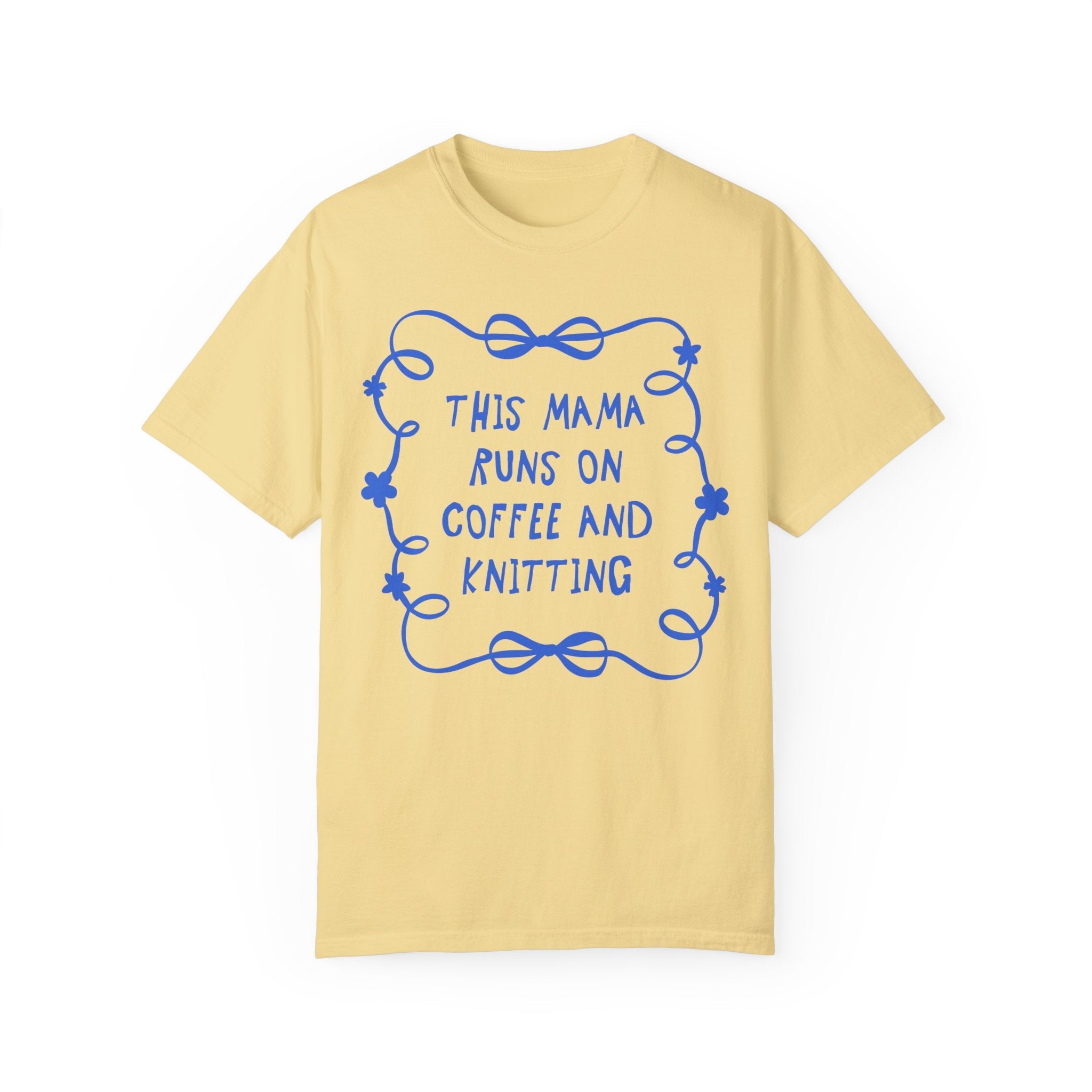 Coffee and Knitting Mother's Day Tee Shirts with Bows and Flowers, Present for Mom Who Loves Knitting, Cute Knitting Lover Tee with Ribbon - Opal and June