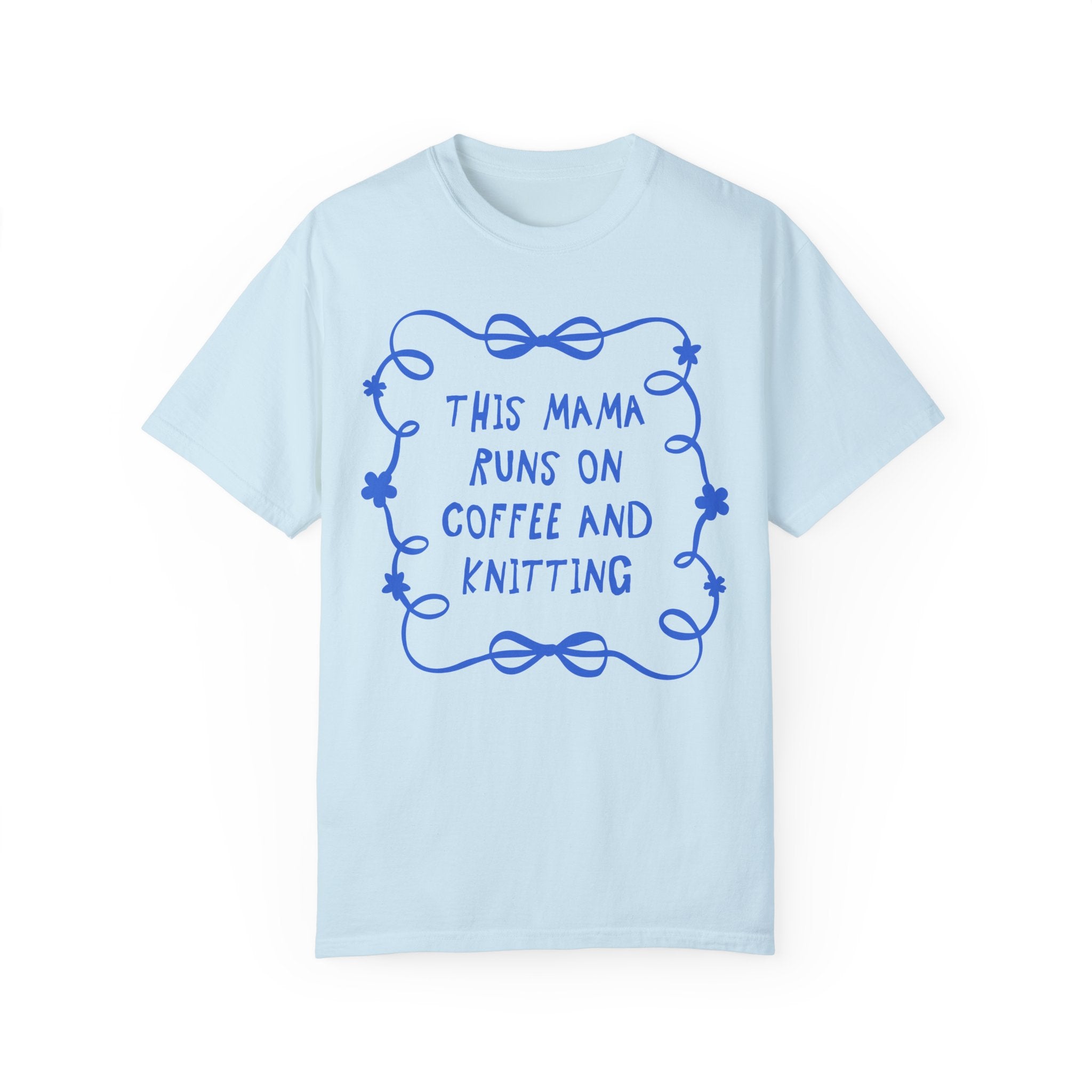 Coffee and Knitting Mother's Day Tee Shirts with Bows and Flowers, Present for Mom Who Loves Knitting, Cute Knitting Lover Tee with Ribbon - Opal and June