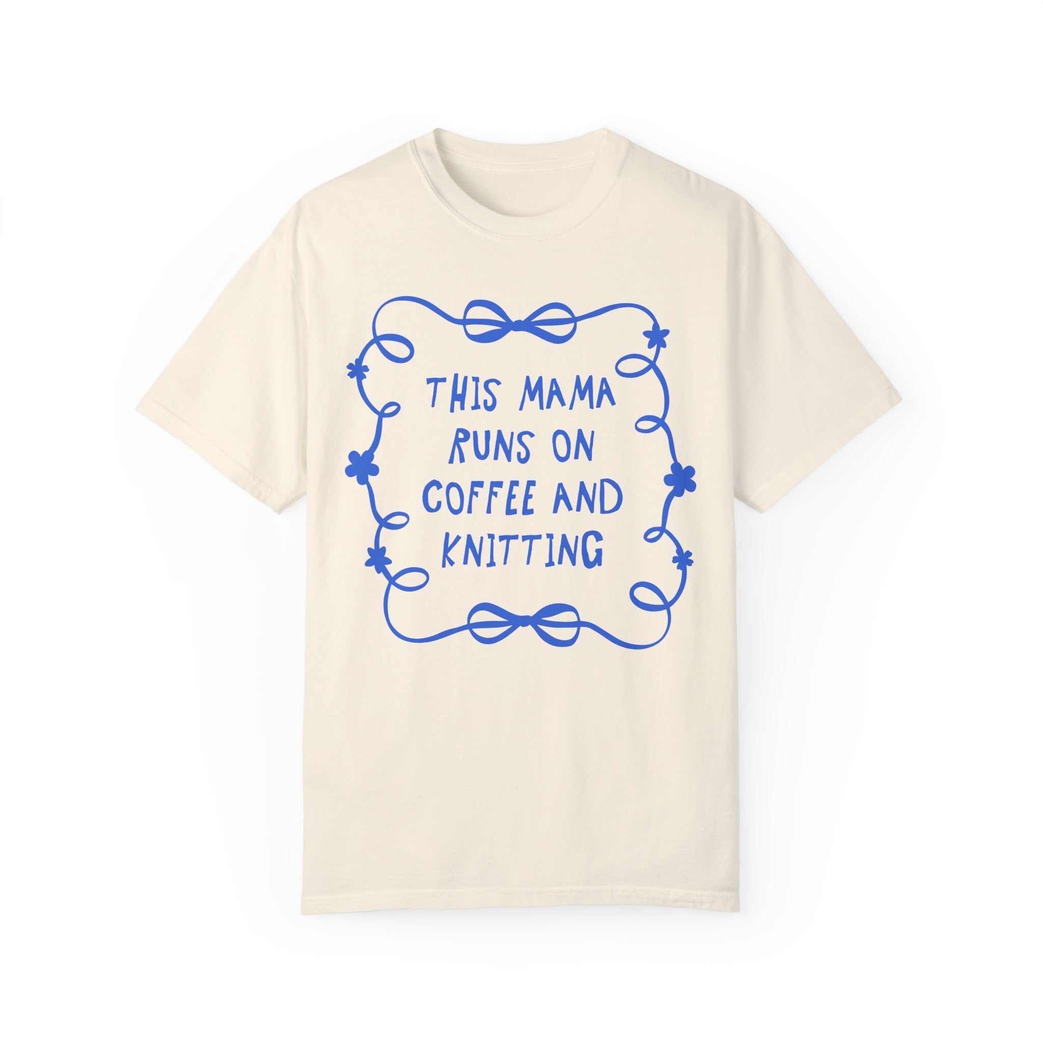 Coffee and Knitting Mother's Day Tee Shirts with Bows and Flowers, Present for Mom Who Loves Knitting, Cute Knitting Lover Tee with Ribbon - Opal and June