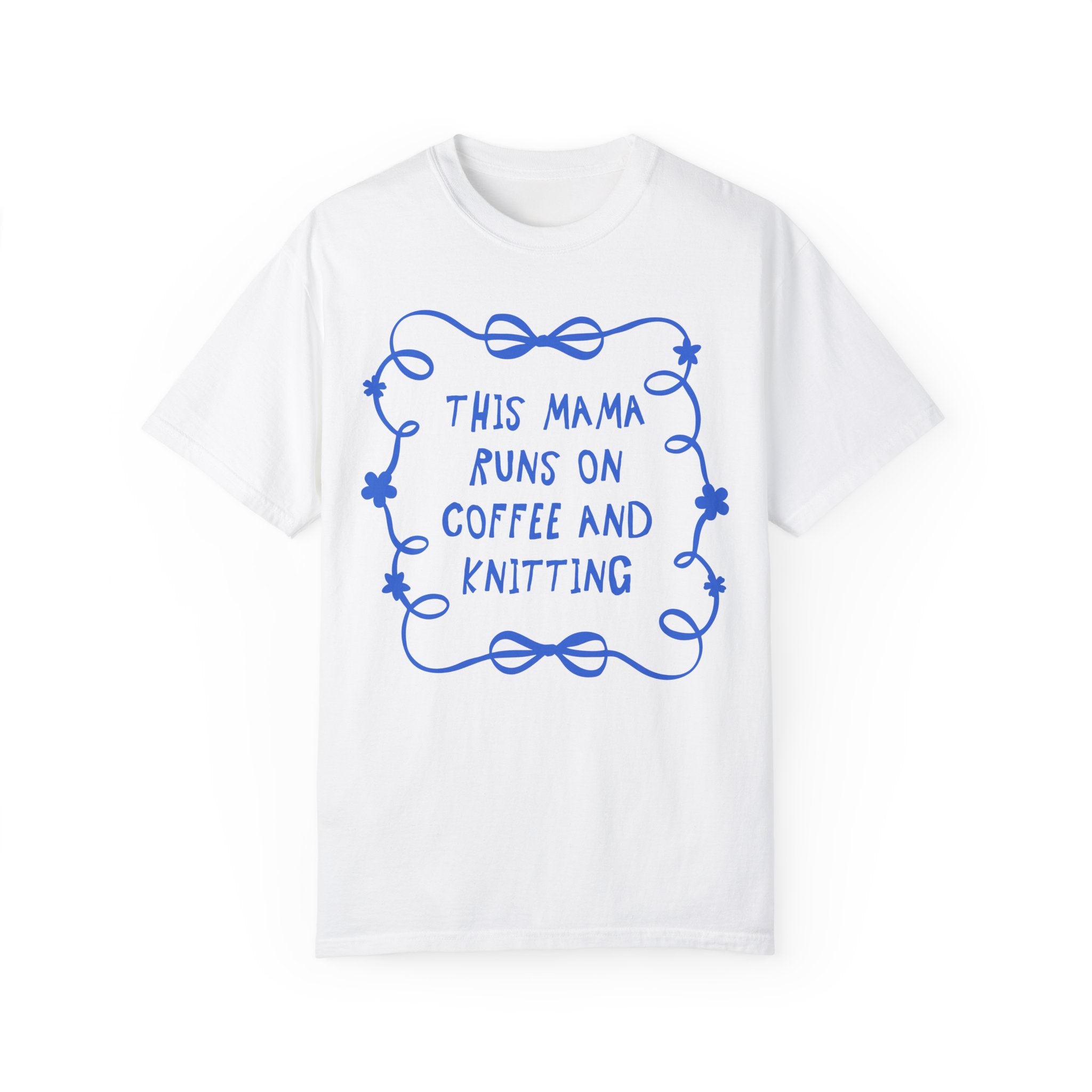 Coffee and Knitting Mother's Day Tee Shirts with Bows and Flowers, Present for Mom Who Loves Knitting, Cute Knitting Lover Tee with Ribbon - Opal and June