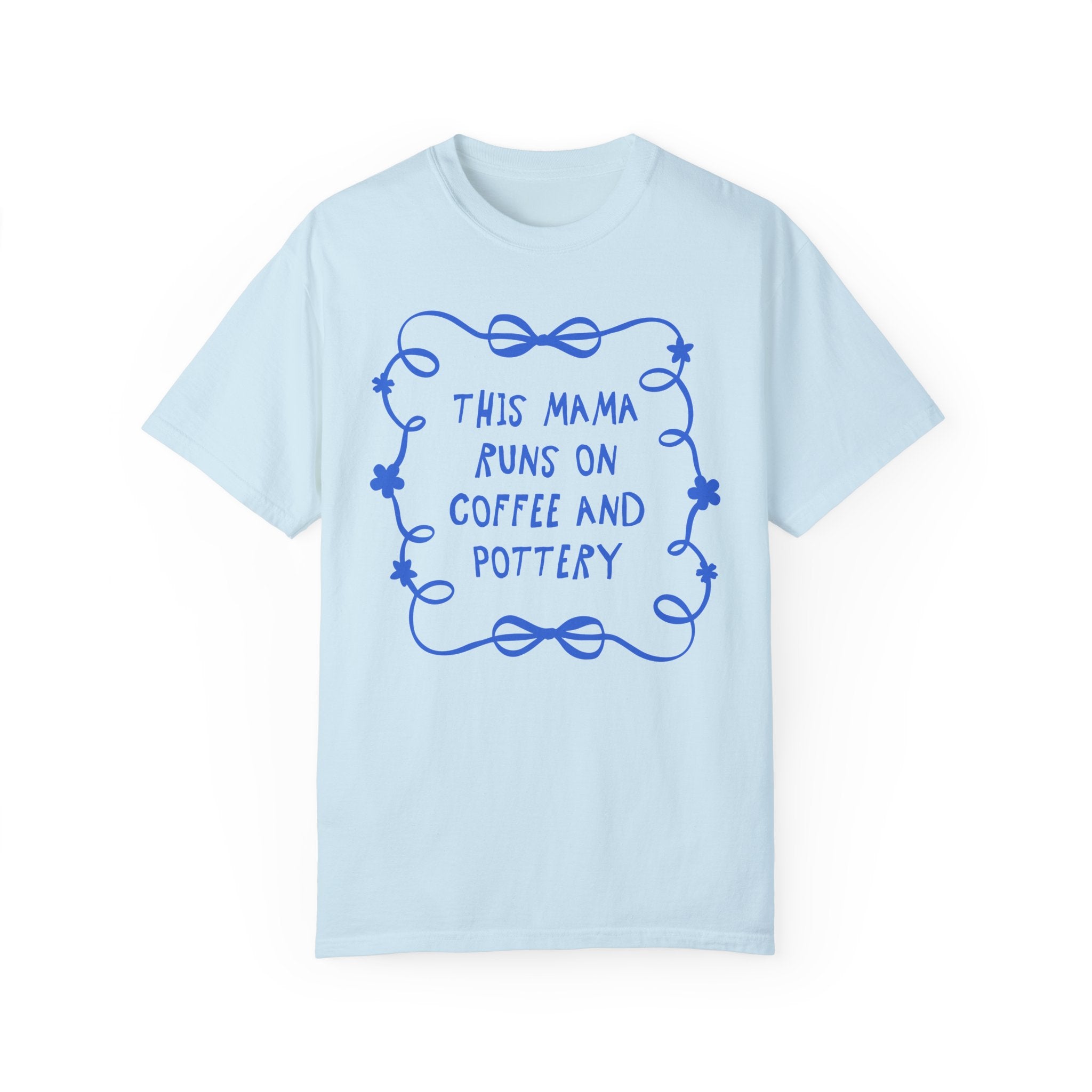 Coffee and Pottery Mother's Day Tee Shirt with Bows and Flowers, Present for Mom Who Loves Pottery, Cute Ceramic Artist T-Shirt with Ribbon - Opal and June