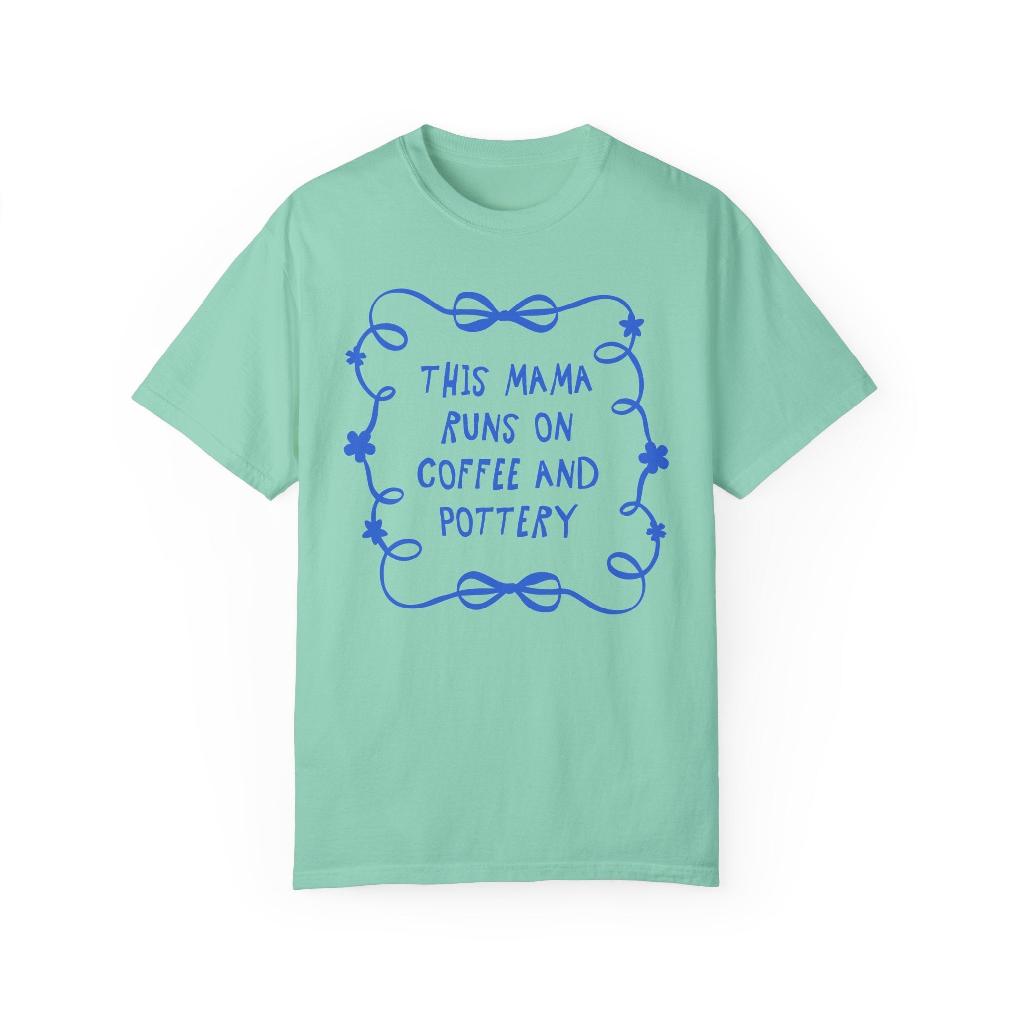 Coffee and Pottery Mother's Day Tee Shirt with Bows and Flowers, Present for Mom Who Loves Pottery, Cute Ceramic Artist T-Shirt with Ribbon - Opal and June