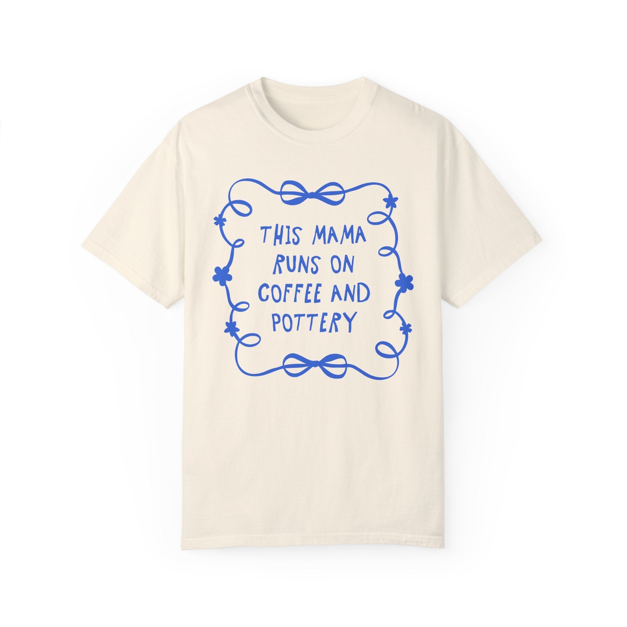 Coffee and Pottery Mother's Day Tee Shirt with Bows and Flowers, Present for Mom Who Loves Pottery, Cute Ceramic Artist T-Shirt with Ribbon - Opal and June