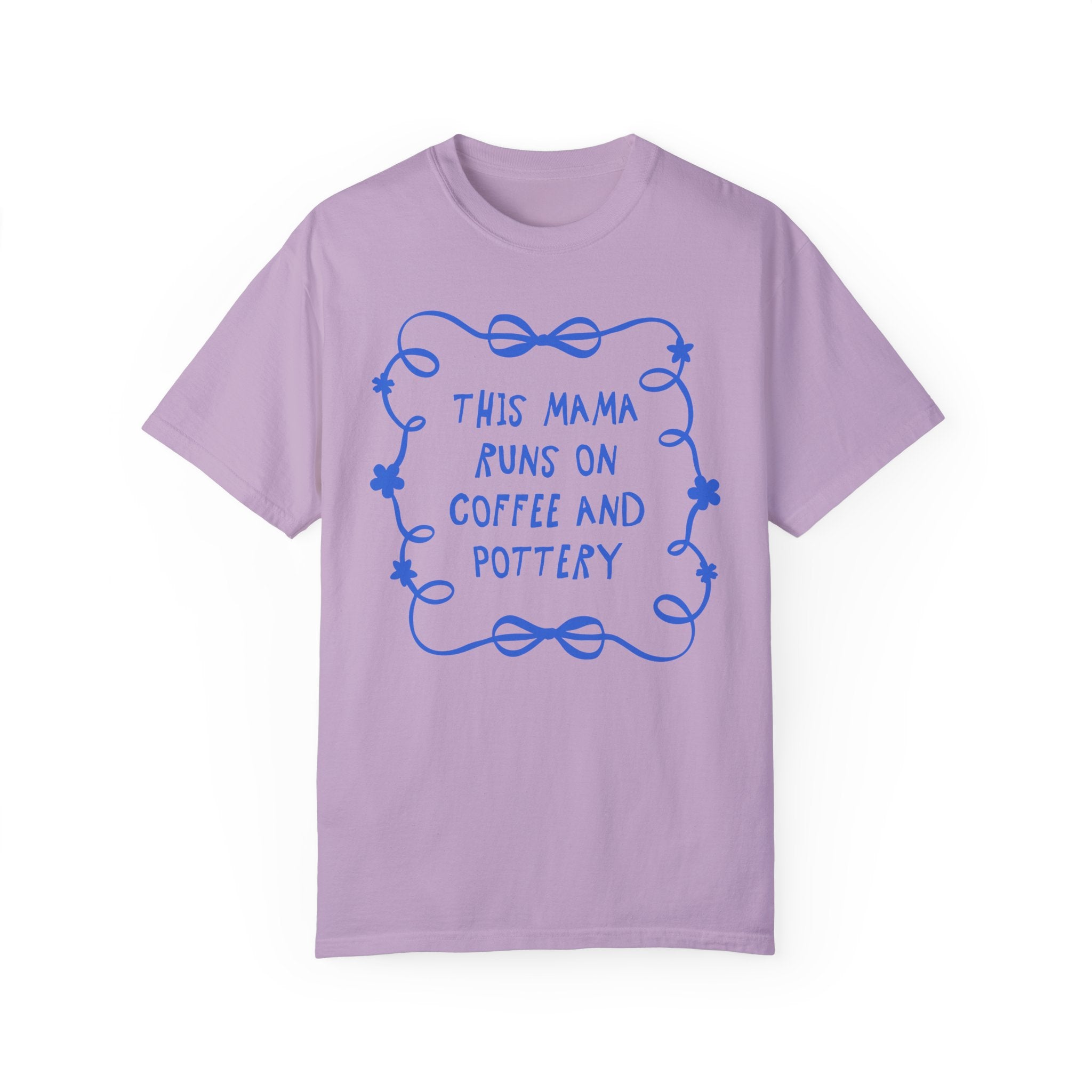 Coffee and Pottery Mother's Day Tee Shirt with Bows and Flowers, Present for Mom Who Loves Pottery, Cute Ceramic Artist T-Shirt with Ribbon - Opal and June