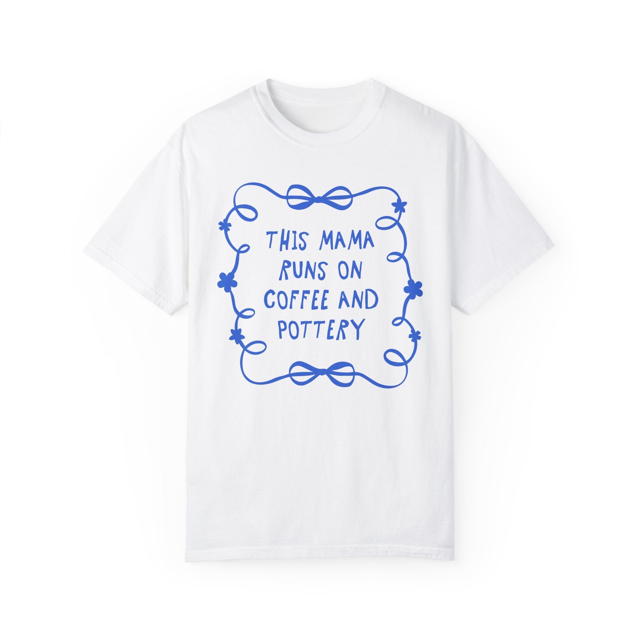 Coffee and Pottery Mother's Day Tee Shirt with Bows and Flowers, Present for Mom Who Loves Pottery, Cute Ceramic Artist T-Shirt with Ribbon - Opal and June