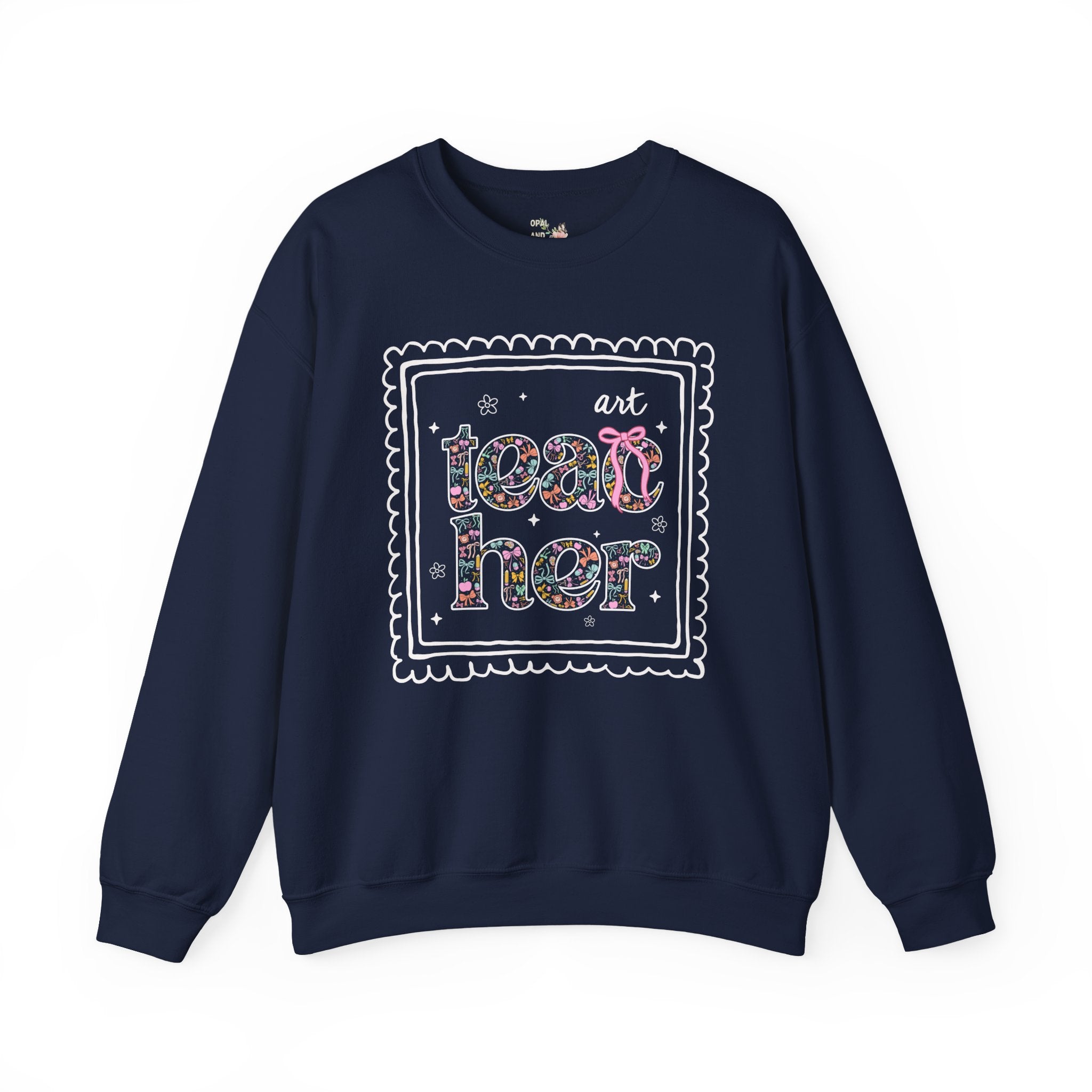 Colorful Art Teacher Sweatshirt for Back to School, Cute Floral Matching Art Department Crewneck with Bow, Cute Nineties Aesthetic Doodles - Opal and June