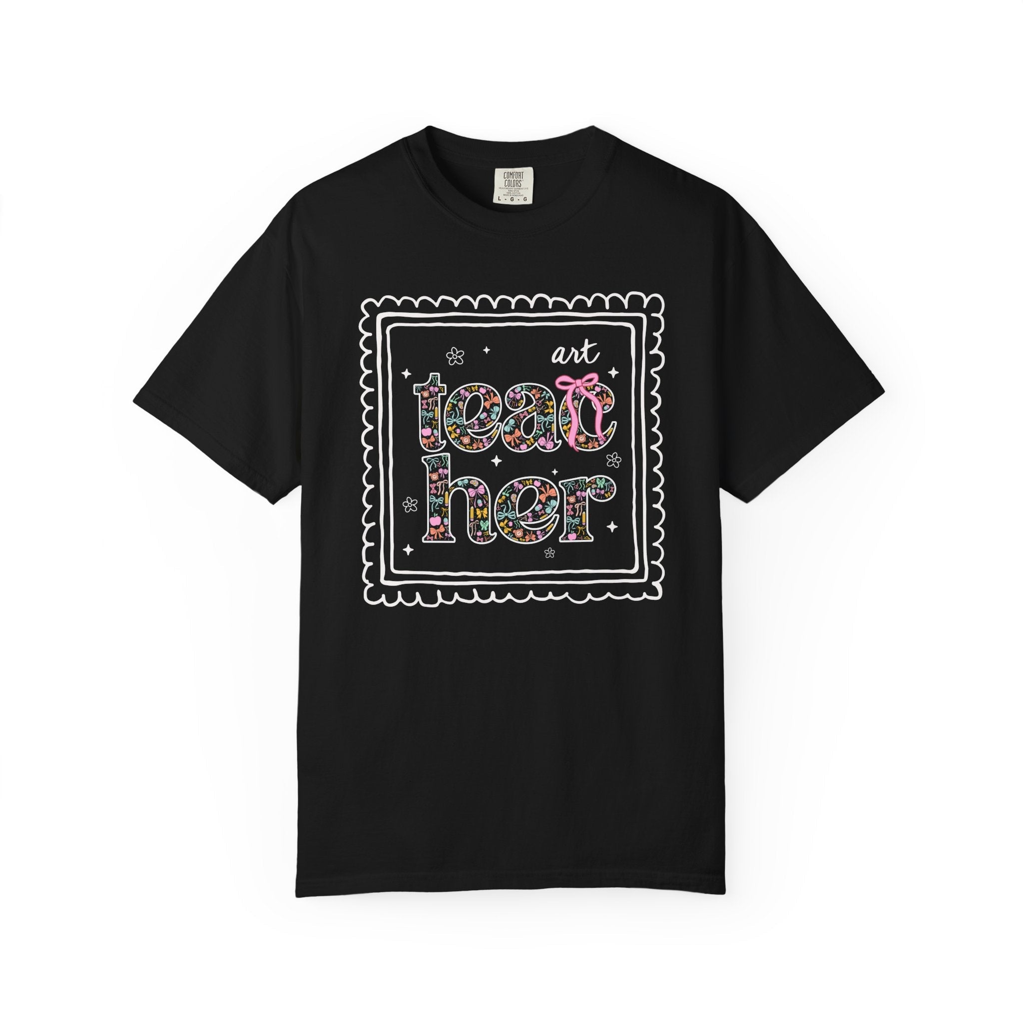 Colorful Art Teacher Tee Shirt for Back to School, Cute Floral Matching Art Department T-Shirt with Bow, Cute Nineties Aesthetic Doodles - Opal and June