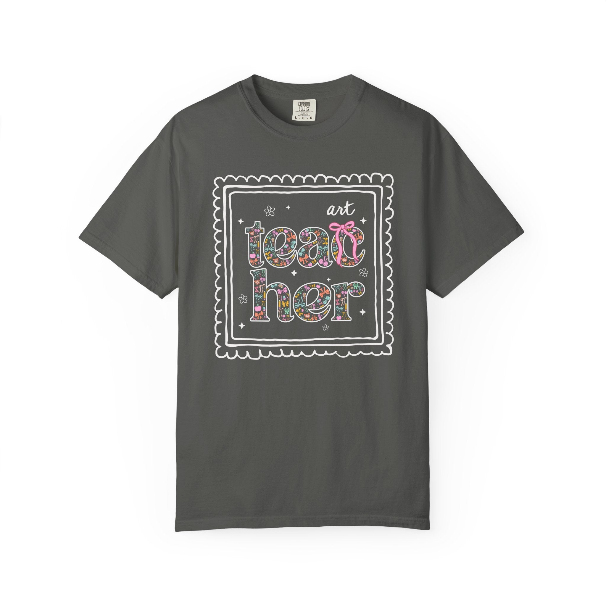 Colorful Art Teacher Tee Shirt for Back to School, Cute Floral Matching Art Department T-Shirt with Bow, Cute Nineties Aesthetic Doodles - Opal and June